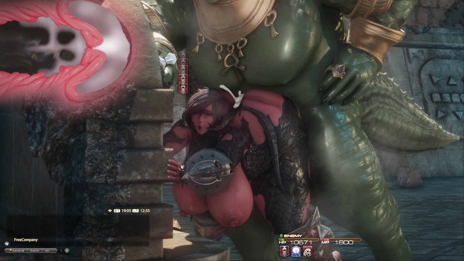au ra, big breasts, cum, cum drip, cum in pussy, debuff, defeat rape, defeat sex, defeated, domination, drool, female, final fantasy xiv, from behind, from behind position, fucked silly, game, gameplay mechanics, gpose (ffxiv), green skin, hp bar, lizardman, monster on female, penznezlala, rape, raped by monster, raped female, raw sex, red skin, size difference, status effect, x-ray