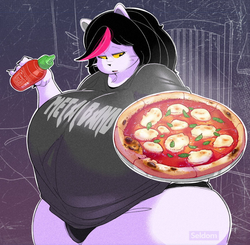 anthro, anthro female, big breasts, big thighs, black hair, bottle, breasts, catti (deltarune), clothed, clothing, container, curvy figure, deltarune, domestic cat, felid, feline, felis, female, food, fur, furaffinity, furry, furry female, hair, hi res, holding food, hot sauce, huge breasts, huge thighs, large breasts, large thighs, mammal, obese, obese anthro, obese female, overweight, overweight anthro, overweight female, panties, partially clothed, pizza, seldom, shirt, solo, spicy, spicy food, sriracha, standing, t-shirt, thick thighs, topwear, undertale (series), underwear, voluptuous, voluptuous female, white body, white fur, yellow eyes