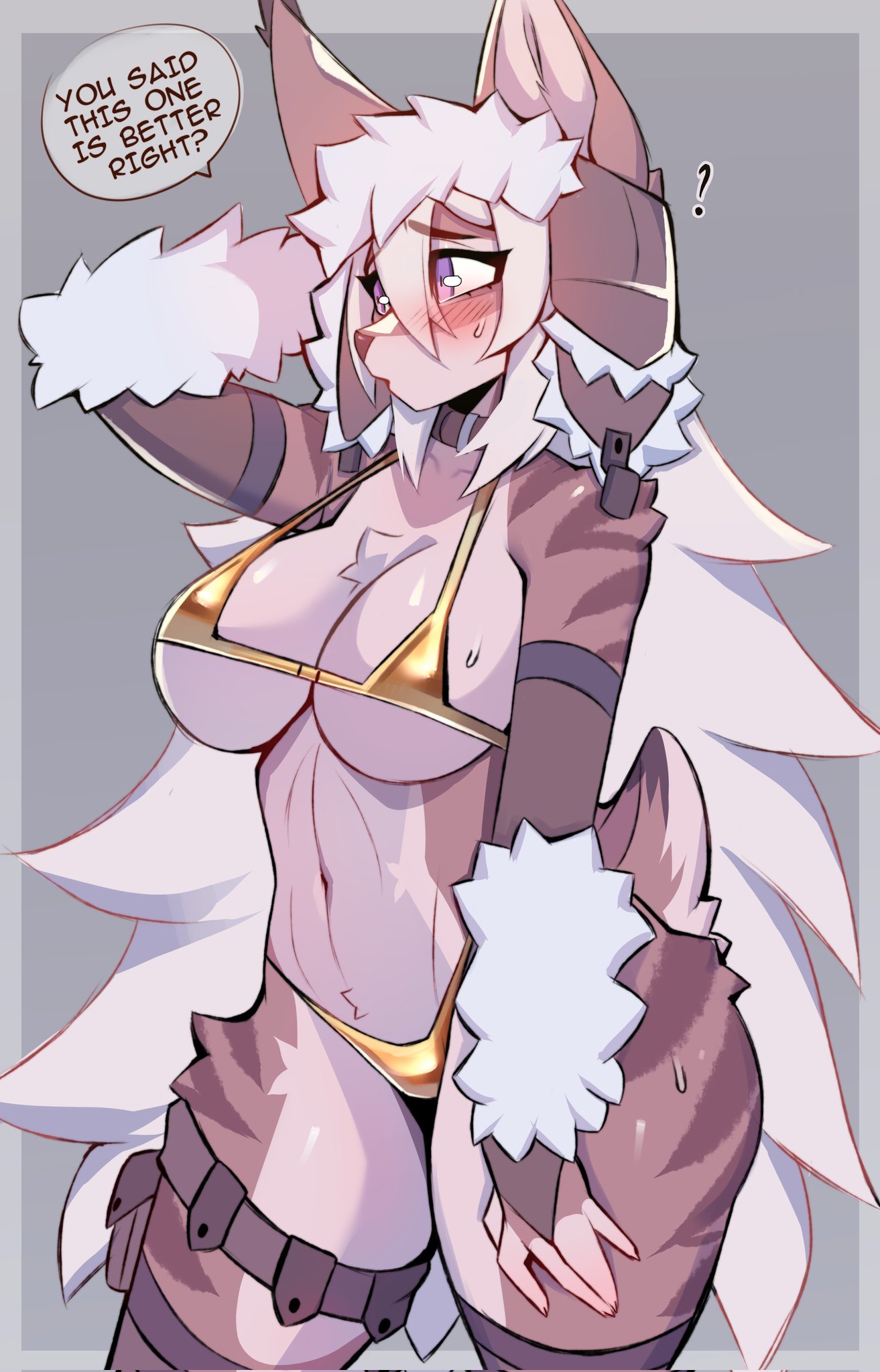 2025 anthro big_breasts bikini biped border breasts brown_body brown_collar brown_fur brown_stripes chest_tuft cleavage clothed clothing collar countershade_face countershade_fur countershade_torso countershading digital_media_(artwork) english_text eyebrows eyelashes felid feline female fur gold_bikini golden_week grey_background grey_border hi_res long_hair lynx mammal mayrin_(artist) pink_eyes rachel_(mayrin) scut_tail shaded short_tail simple_background solo speech_bubble striped_body striped_fur stripes swimwear tail text trapper_hat tuft two-piece_swimsuit white_hair