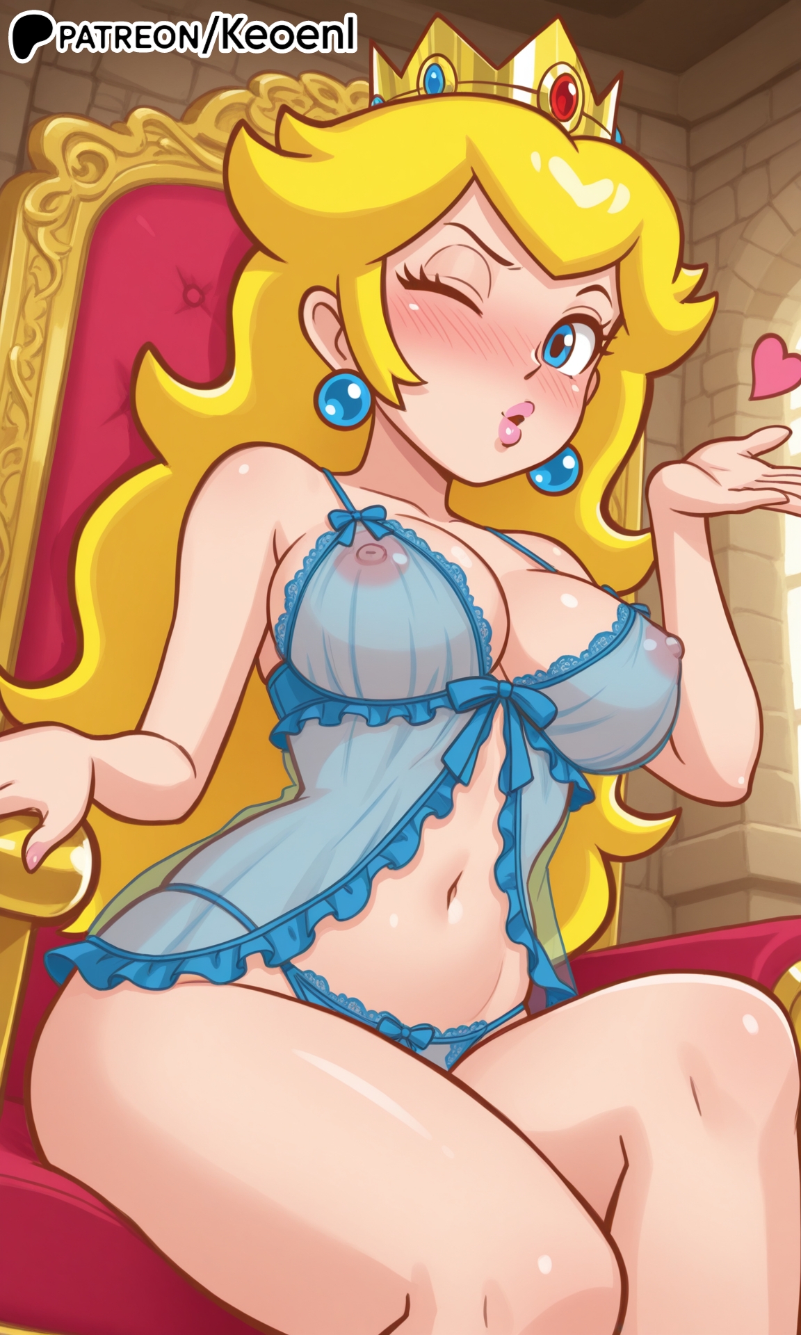 1girls, accurate art style, ai generated, ass, babydoll, babydoll lingerie, big ass, big breasts, blonde female, blonde hair, blowing kiss, blue eyes, blush, breasts, castle, crown, earrings, erect nipples, female, female only, happy, hi res, huge breasts, keoenl, kissing, legs together, light skin, light-skinned female, looking at viewer, makeup, mario (series), midriff, navel piercing, nintendo, nipples, nipples visible through clothing, no bra, nude, one eye closed, parted lips, patreon, perfect body, pink nipples, plump lips, pose, posing, princess, princess peach, royalty, sexy pose, sitting, super princess peach, sweat, sweaty body, thick thighs, thong, throne, visible, wide hips, wink