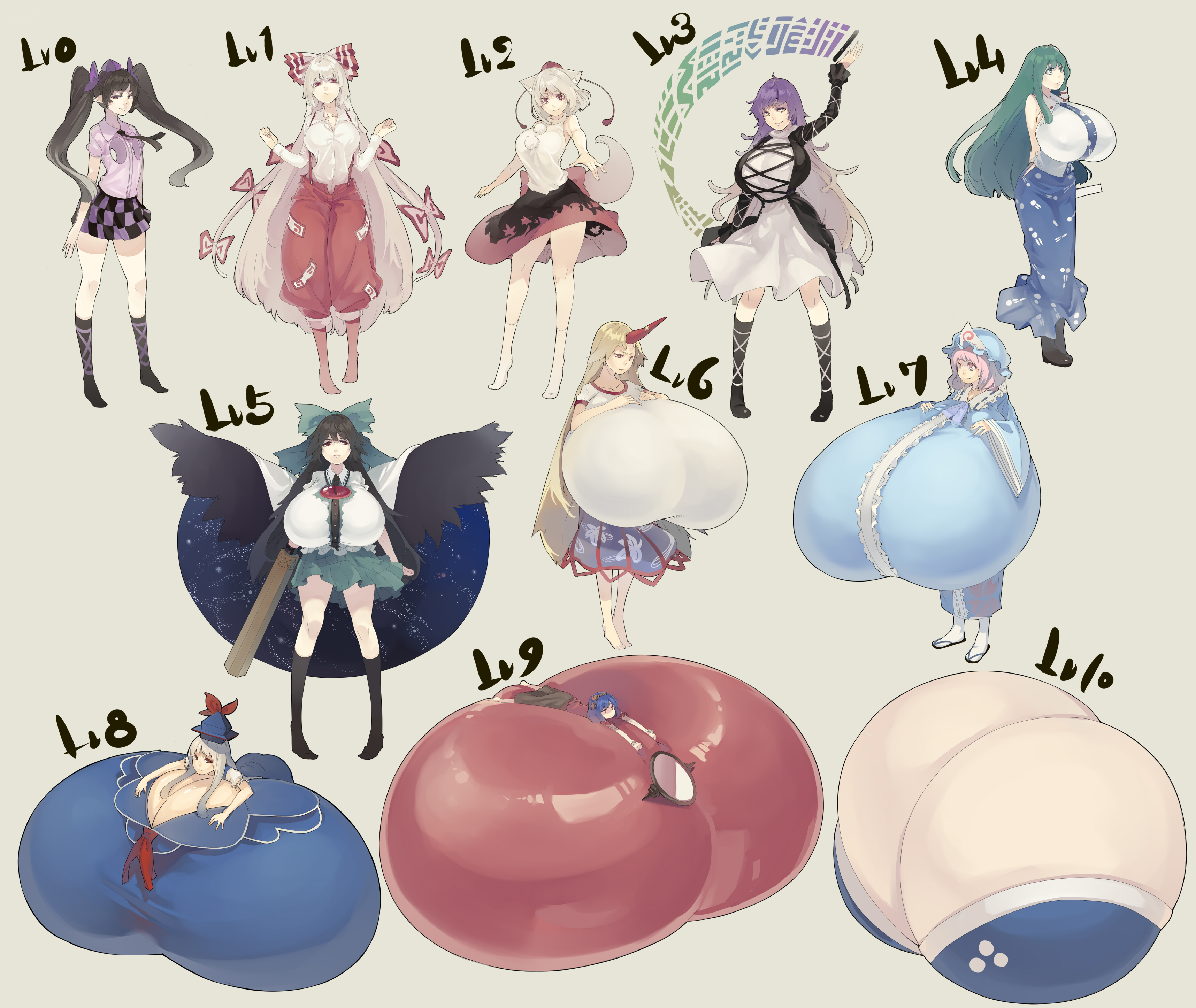 :t, 6+girls, anatomical nonsense, animal ears, arm cannon, armpits, arms up, barefoot, big breasts, black boots, black hair, black shoes, black wings, blonde hair, blue dress, blue hair, boots, breast hold, breasts, bust chart, cape, chart, cleavage, clenched hands, control rod (touhou), dress, enormous breasts, female, frown, fujiwara no mokou, gigantic breasts, gradient hair, green eyes, green hair, green ribbon, green skirt, hair, hair ribbon, hat, hatate himekaidou, hijiri byakuren, hole on body, horns, hoshiguma yuugi, huge breasts, hyper breasts, kanako yasaka, keine kamishirasawa, komachi onozuka, large breasts, long hair, lying, massive breasts, momiji inubashiri, multicolored hair, multiple females, multiple girls, muneneko, neckerchief, necktie, pants, pink eyes, pink hair, pointy ears, purple eyes, purple hair, purple ribbon, red eyes, red pants, ribbon, sanae kochiya, sandals, scroll, shirt, shoes, short hair, single horn, skirt, smile, socks, sorcerer's sutra scroll, suspenders, tail, touhou, two side up, utsuho reiuji, weapon, white background, white hair, wings, yellow eyes, yuyuko saigyouji, zouri