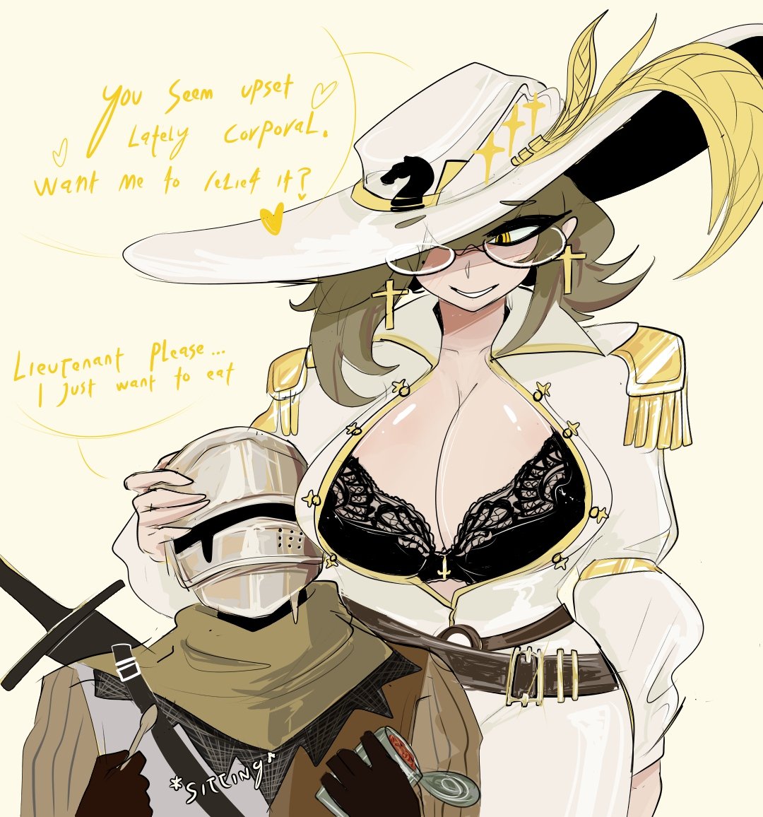 1boy 1girls 2025 aschazm belt big_breasts black_bra blonde_hair bra breasts brown_belt can canned_food chainmail chainmail_coif cleavage clothed clothed_female clothed_male coat colored_sketch cross_earrings dialogue earrings english_text female fully_clothed fully_clothed_female fully_clothed_male gambeson glasses golden_empire_(grave/digger) grave/digger hand_on_head hat helmet light-skinned_female light_skin long_hair long_sleeves male officer_(grave/digger) pants roblox roblox_game robloxian scarf simple_background sitting sketch sleeves smile soldat_(grave/digger) speech_bubble spoon standing surcoat text two_tone_clothing unbuttoned white_clothing white_coat white_hat white_pants white_sleeves yellow_clothing yellow_eyes yellow_scar yellow_sleeves