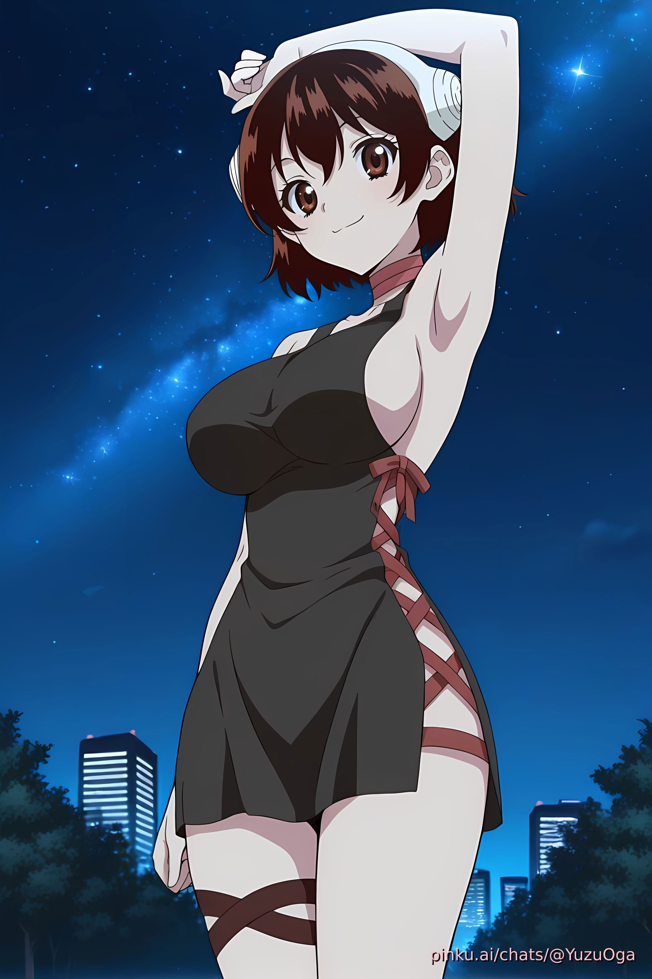 1girls, ai generated, alternate costume, ass, black clothing, breasts, cute, dr.stone, female, forest, hands behind head, human, legs, medium breasts, ogawa yuzuriha, pinku.ai, revealing clothes, short hair, shounen jump, thighs, white skin