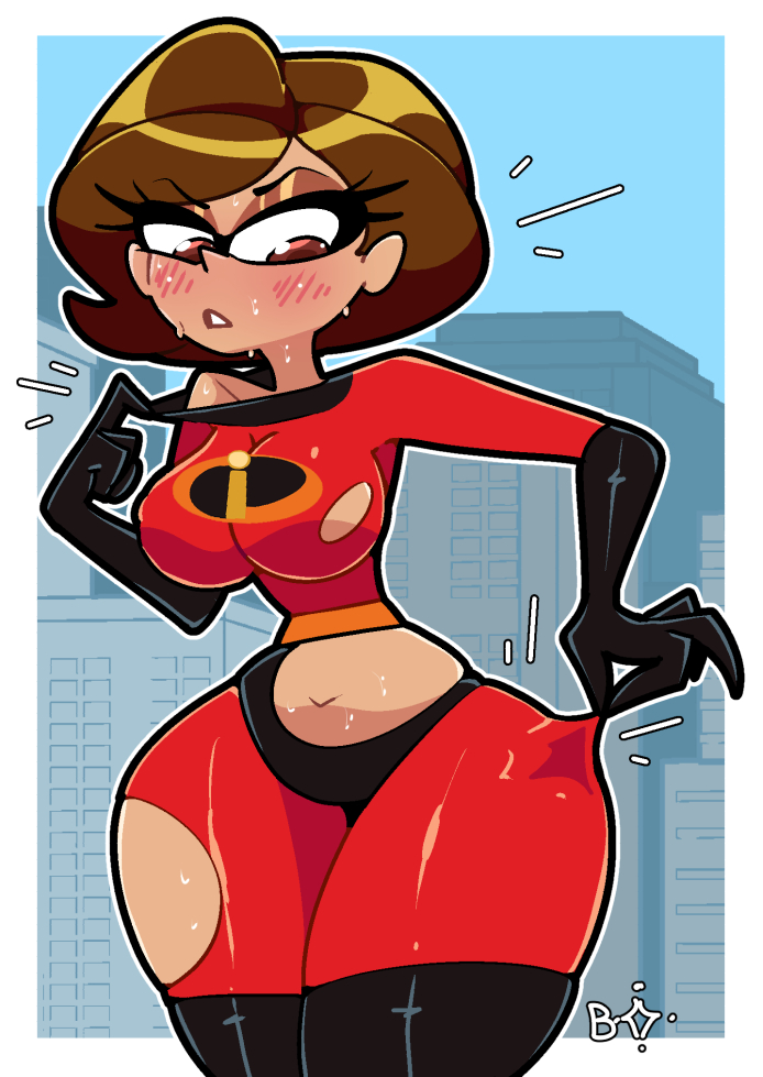 blightstar, brown eyes, brown hair, city background, cowboy shot, elastigirl, helen parr, holes in clothes, hourglass figure, large ass, large breasts, medium hair, standing, tagme, the incredibles, torn clothes, wide hips, worn clothing