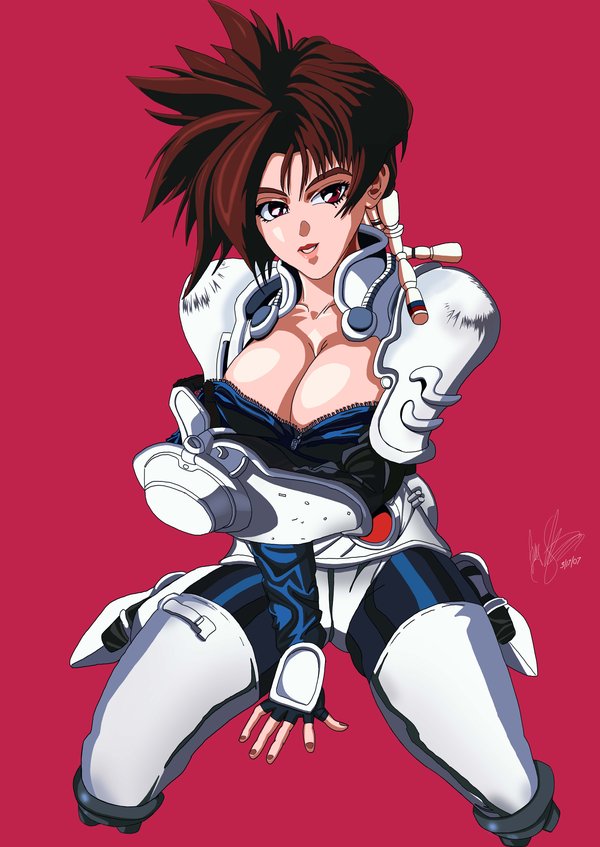 armor brown_hair brunette iria iria:_zeiram_the_animation red_background short_hair tagme