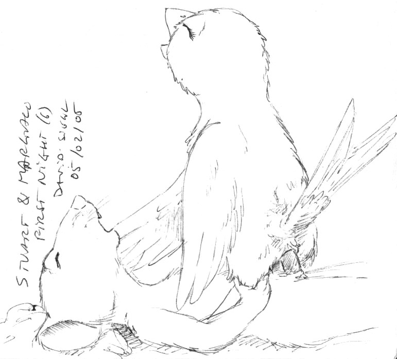 anthro avian bird david_siegl duo erection female male mammal margalo monochrome mouse penis rodent rough_sketch stuart_little stuart_little_(character)