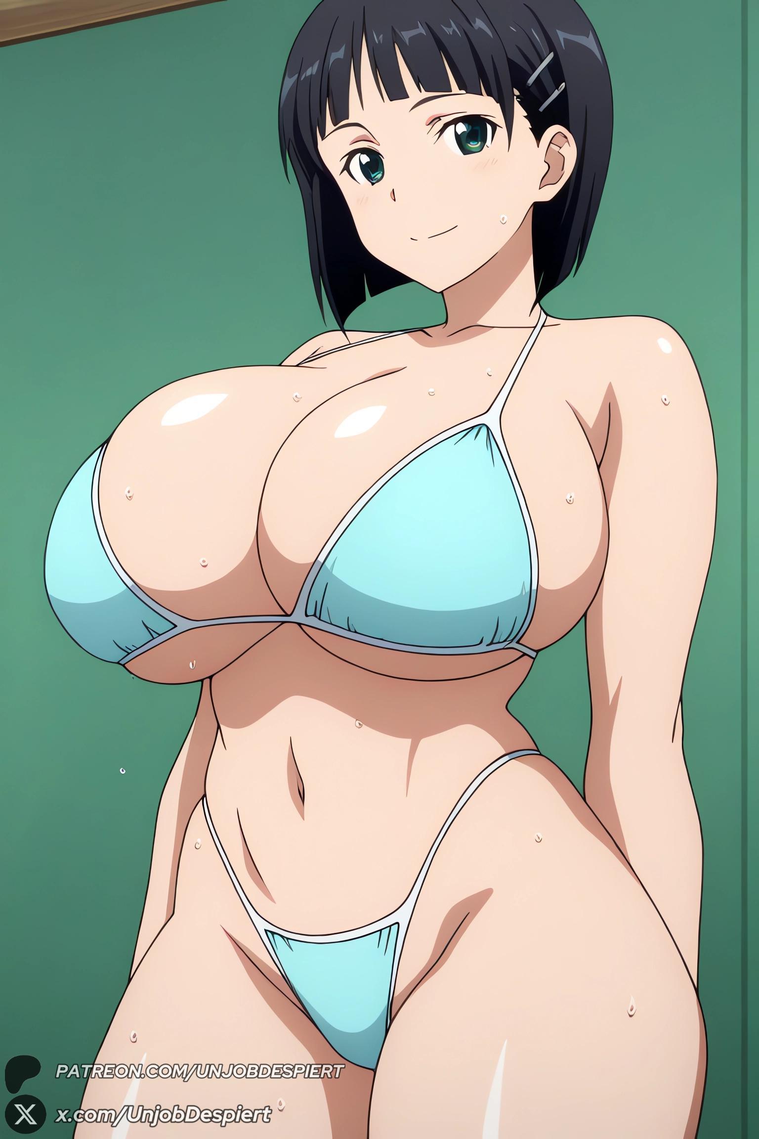 1female, 1girls, 2026, ai generated, alternate breast size, artist name, bangs, big ass, big breasts, bikini, black hair, blue bikini, bob cut, breasts, cleavage, closed mouth, collarbone, curvy, female, female only, green eyes, hair ornament, hairclip, hi res, high quality, high resolution, highleg, highleg bikini, highres, huge ass, huge breasts, kirigaya suguha, looking at viewer, navel, patreon, patreon username, shiny, shiny hair, shiny skin, short hair, smile, solo, standing, sweat, swimsuit, sword art online, thighs, underboob, unjobdespiert, watermark