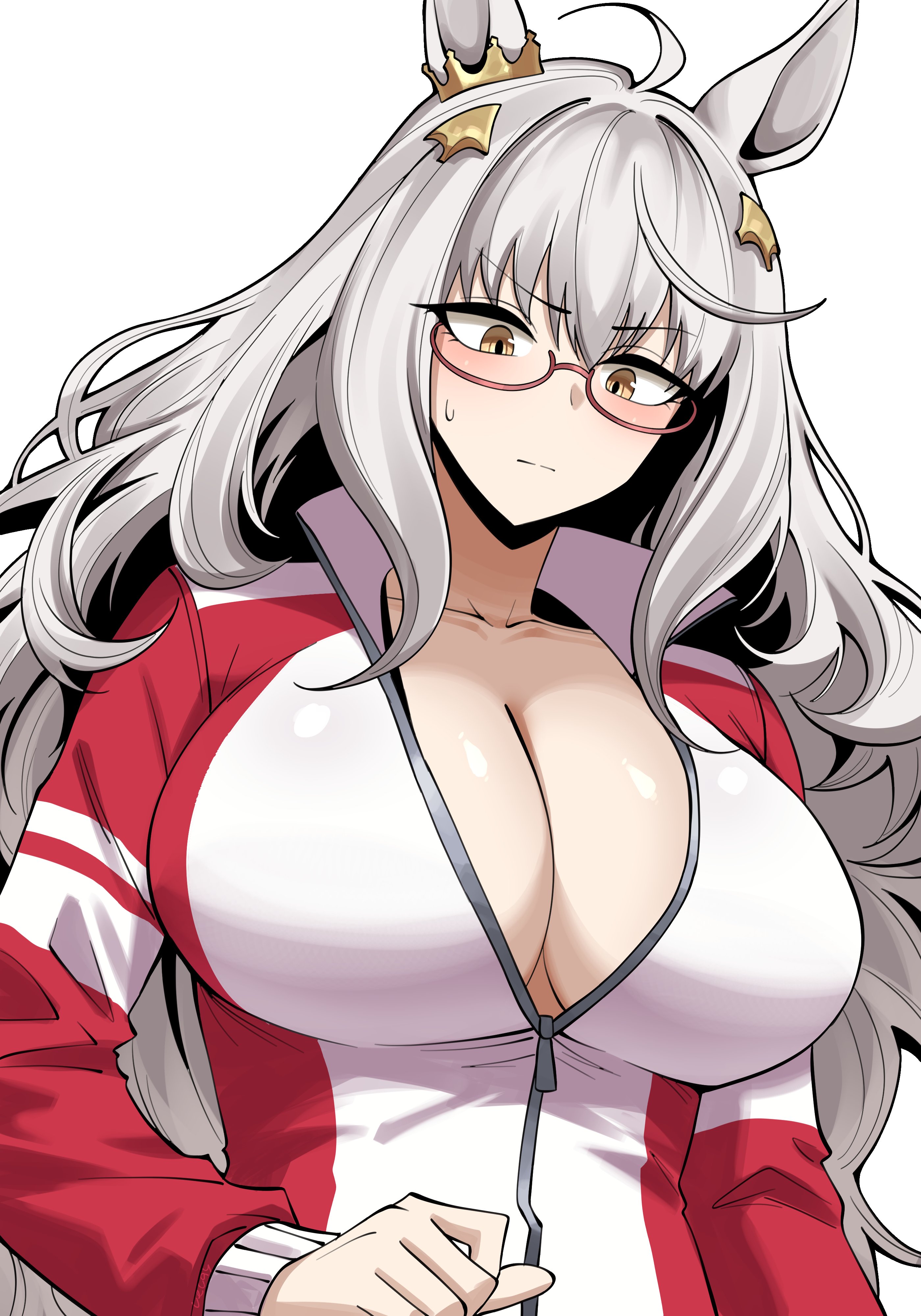 absurdres, ahoge, animal ears, biwa hayahide (umamusume), blush, breasts, cleavage, closed mouth, commentary request, ear ornament, female, glasses, grey hair, hair between eyes, hair ornament, highres, horse ears, horse girl, jacket, large breasts, long hair, long sleeves, partially unzipped, red jacket, red track suit, red-framed eyewear, semi-rimless eyewear, simple background, solo, sweatdrop, tracen training uniform, track jacket, track suit, umamusume, under-rim eyewear, upper body, vvernerluniq, white background, yellow eyes