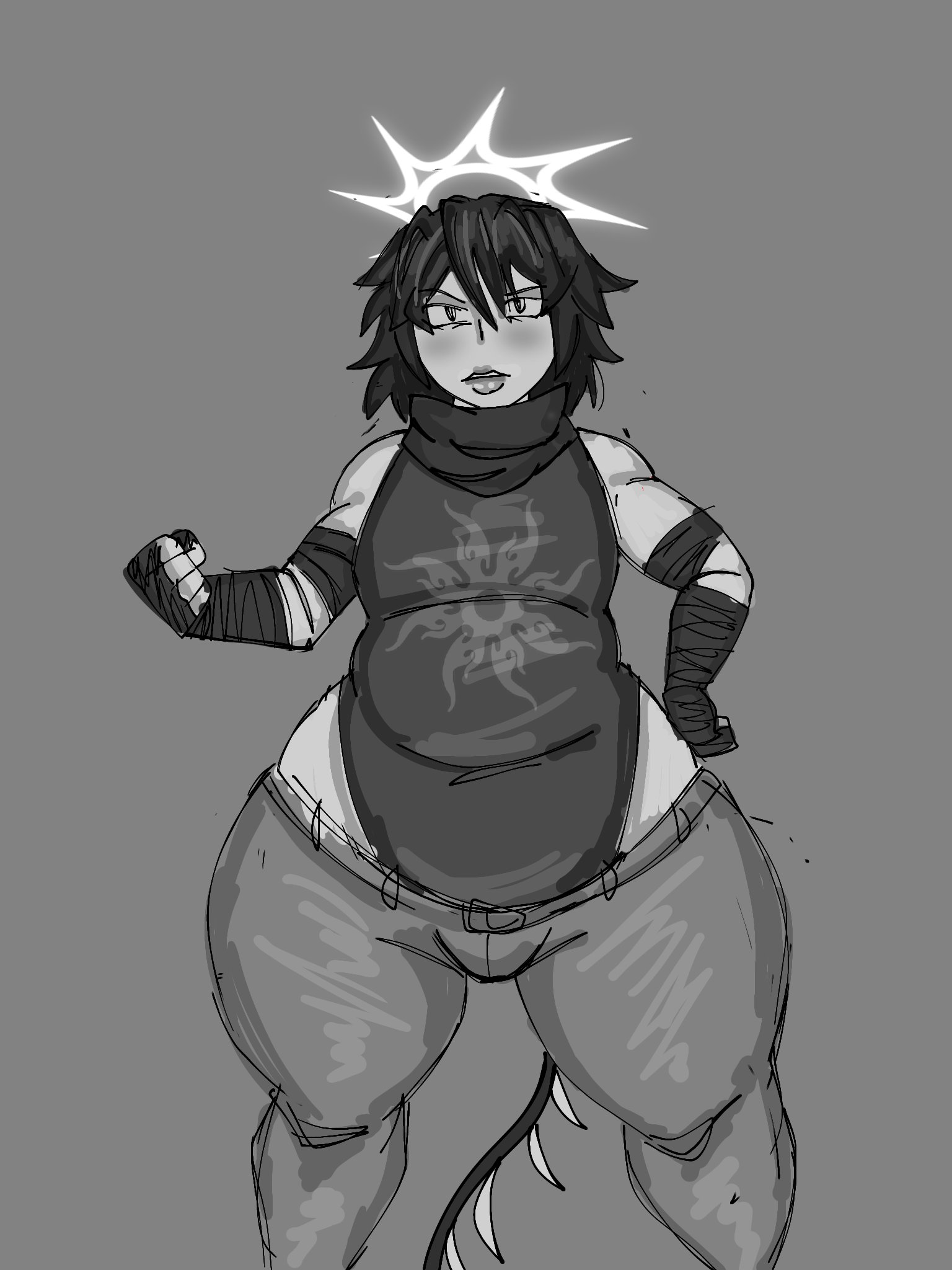 alternate body type, black hair, chubby, clothed, clothing, color, colored, fat, forsaken (roblox), grey skin, greyscale, leotard, nonbinary, overweight, pants, roblox, roblox game, robloxian, short hair, solo, standing, thick thighs, thighs, two time, vic status, voluptuous, wide hips, wide thighs