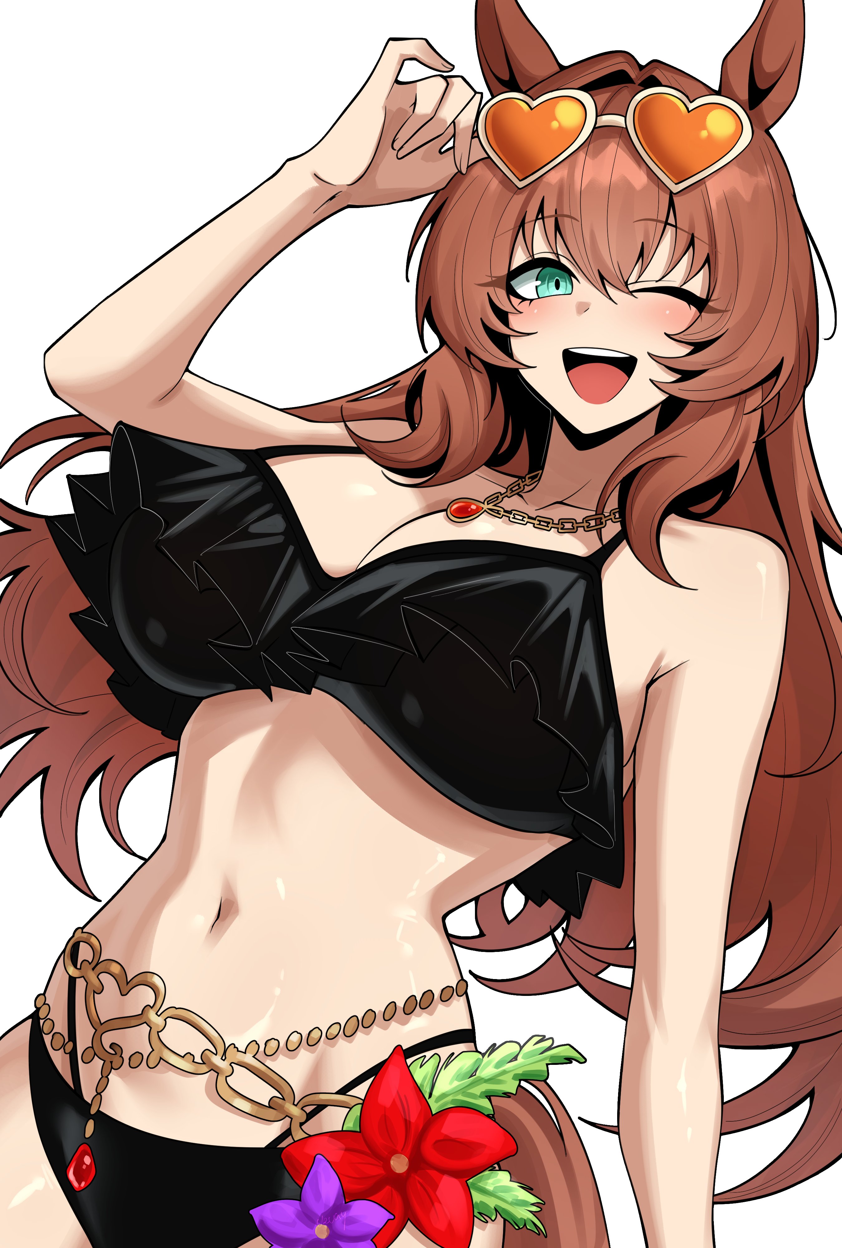 ;d, absurdres, animal ears, aqua eyes, bikini, black bikini, breasts, brown hair, female, flower, heart, heart-shaped eyewear, highres, horse ears, horse girl, jewelry, large breasts, long hair, looking at viewer, maruzensky (hot summer night) (umamusume), maruzensky (umamusume), navel, necklace, official alternate costume, one eye closed, red flower, simple background, smile, solo, sunglasses, swimsuit, umamusume, vvernerluniq, white background