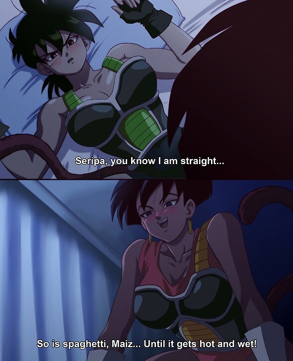 about to have sex, annoyed, annoyed expression, bed, bedroom, before sex, cleavage, clothed, convincing to be lesbian, dragon ball, dragon ball super, dragon ball z, fully clothed, lesbian sex, maiz, night, nighttime, oc, saiyan, saiyan armor, saiyan female, saiyan tail, salvamakoto, seripa, yuri