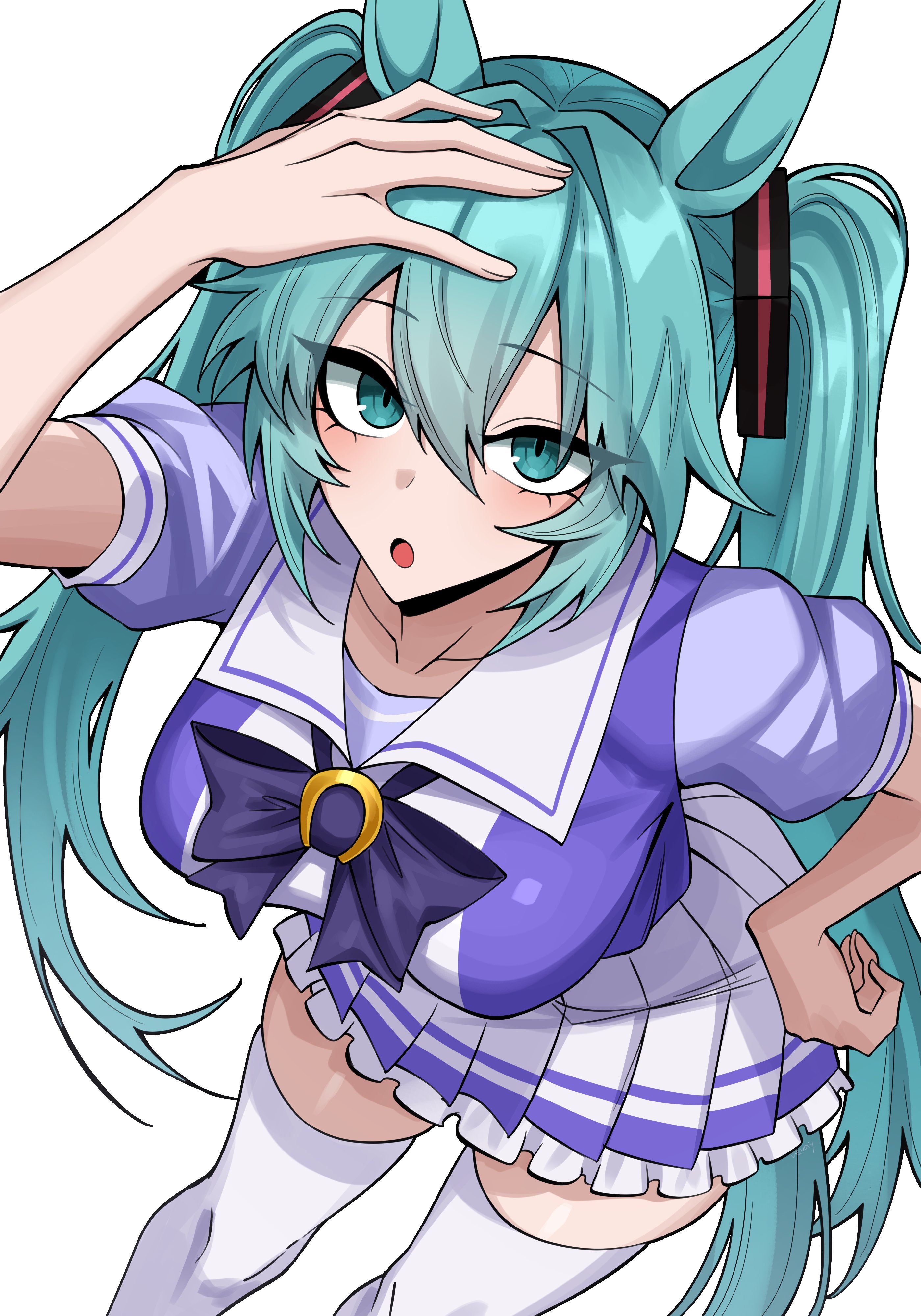 :o, 1girl, absurdres, animal ears, aqua eyes, aqua hair, bangs, bow, bowtie, breasts, collarbone, commentary request, female, hair between eyes, hand on hip, hand on own head, hatsune miku, highres, horse ears, horse girl, horse tail, horseshoe ornament, kemonomimi mode, large breasts, leaning forward, long hair, looking at viewer, open mouth, pleated skirt, puffy short sleeves, puffy sleeves, purple bow, purple bowtie, purple shirt, sailor collar, school uniform, shirt, short sleeves, simple background, skirt, solo, summer uniform, tail, thighhighs, tracen school uniform, twintails, umamusume, very long hair, vocaloid, vvernerluniq, white background, white skirt, white thighhighs, zettai ryouiki