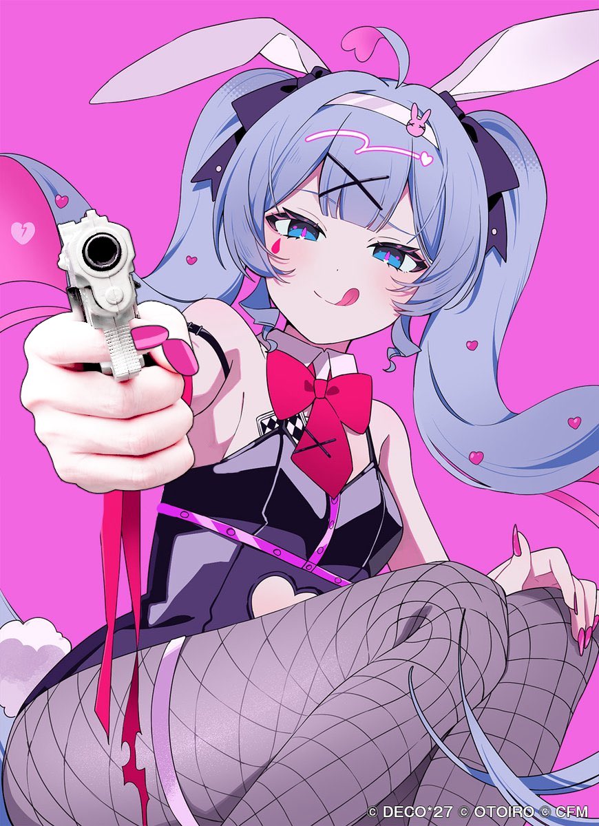 1girls, blue eyes, blue hair, blush, blushing, bow, bowtie, broken heart, bunny ears, bunny girl, bunny ornament, bunny tail, bunnysuit, card, female, female only, girl, gun, gunpoint, hair ornament, hand, hand on knee, hatsune miku, held at gunpoint, holding gun, holding weapon, legs, legwear, looking at viewer, looking pleasured, makeup, nails, nails painted, pale skin, pale-skinned female, pink background, pink hair, pointing gun, rabbit ears, rabbit girl, rabbit hole (deco*27/caststation), rabbit hole (vocaloid), rabbit tail, sakuramikumiku, simple background, smiling, smiling at viewer, smug, smug expression, smug face, smug smile, thighs, tie, tongue out, white skin, x hair ornament