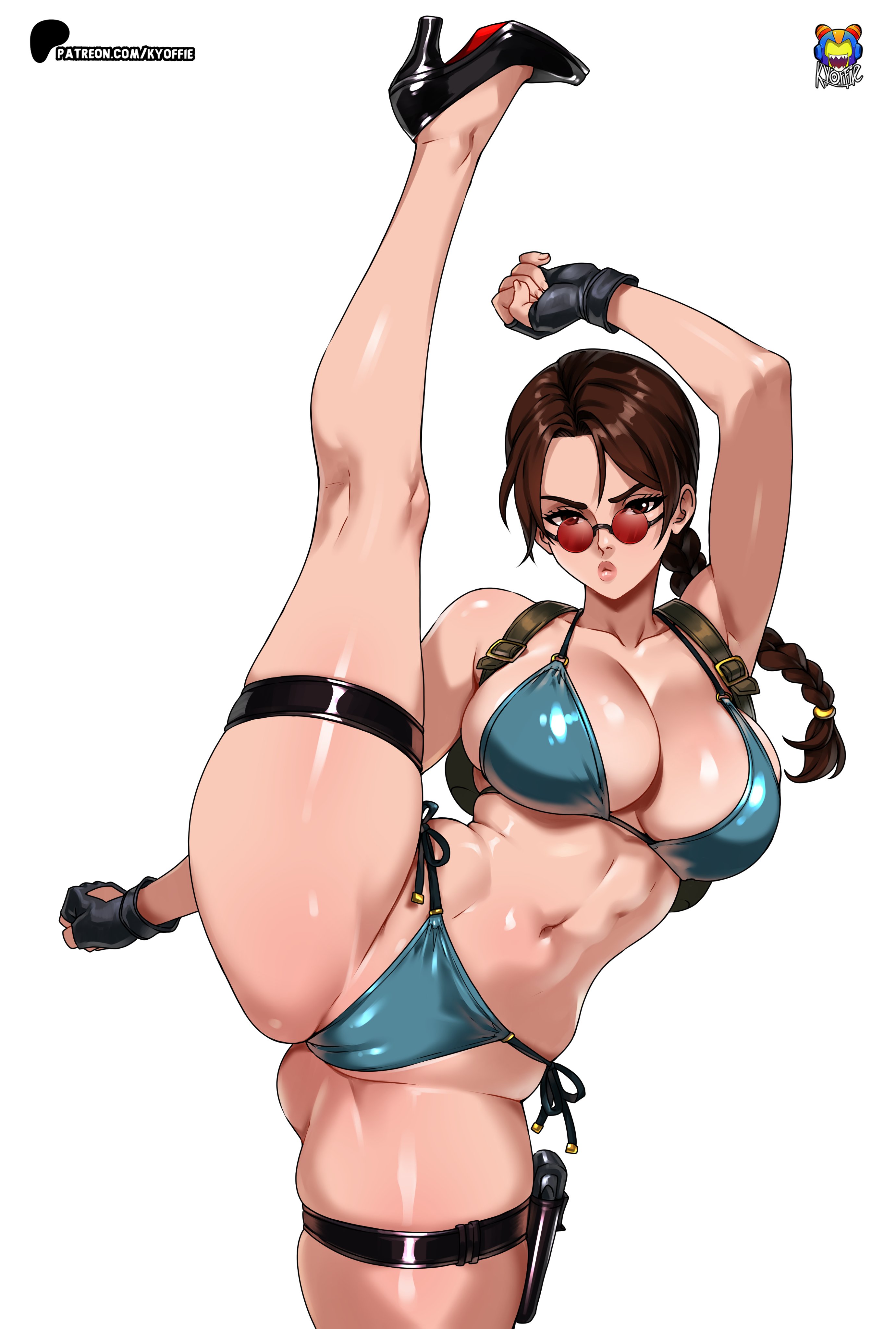 1girls, 2026, barely contained, barely contained ass, barely contained breasts, big breasts, bikini, braid, braided ponytail, breasts, brown eyes, brown hair, brunette, brunette hair, busty, busty female, curvy female, curvy hips, female, female only, fit, fit female, flexible, flexing, glasses, imminent wardrobe malfunction, kyoffie, lara croft, lara croft (classic), large breasts, light-skinned female, long hair, looking at viewer, navel, pale skin, pale-skinned female, pink lipstick, pose, posing, puckered lips, red glasses, sensual, shiny skin, slender waist, slim waist, solo, straining clothing, sunglasses, tagme, thick thighs, thighs, thin waist, thong bikini, tight bikini, tight clothes, tight clothing, tight fit, tight swimsuit, tight swimwear, tinted eyewear, tomb raider, tomb raider (classic), toned, toned female, toned legs, undersized clothes, undersized clothing, voluptuous, watermark, white background, wide hipped female, wide hips