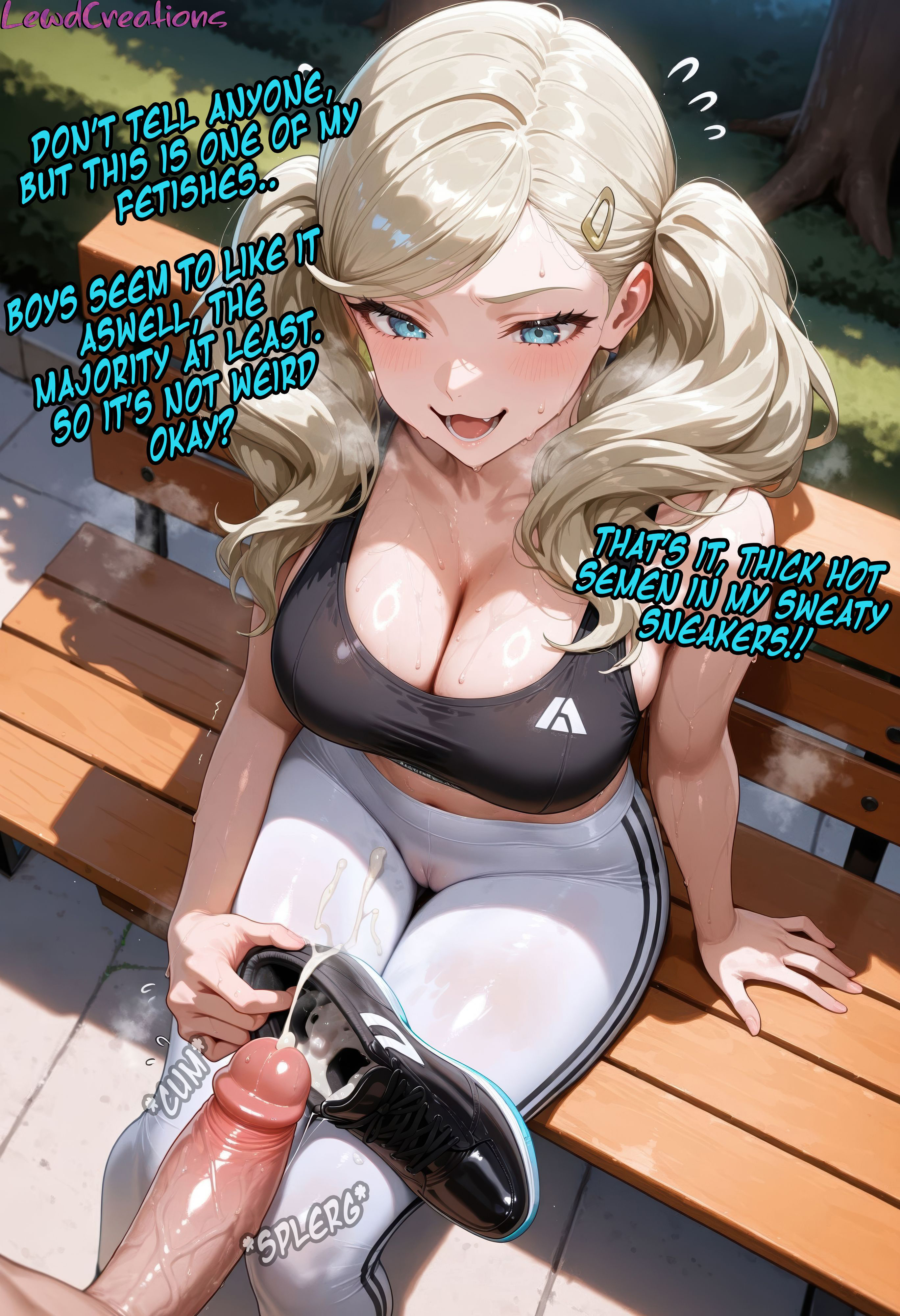 1boy, 1boy1girl, 1girls, absurd res, ai generated, ann takamaki, big breasts, blue eyes, blush, blush lines, breasts, cum in footwear, cum in shoe, curvy, curvy figure, female, footwear fetish, from above, high resolution, highres, holding shoe, lewdcreationsai, light skin, light-skinned female, outdoors, park, penis, persona, persona 5, pov, sexually suggestive, shoe fetish, shoe removed, sports bra, stable diffusion, steam, steaming body, steamy breath, sweat, sweatdrop, sweating, sweaty, tagme, text, thick, thick legs, thick thighs, thighs, twintails, yoga pants