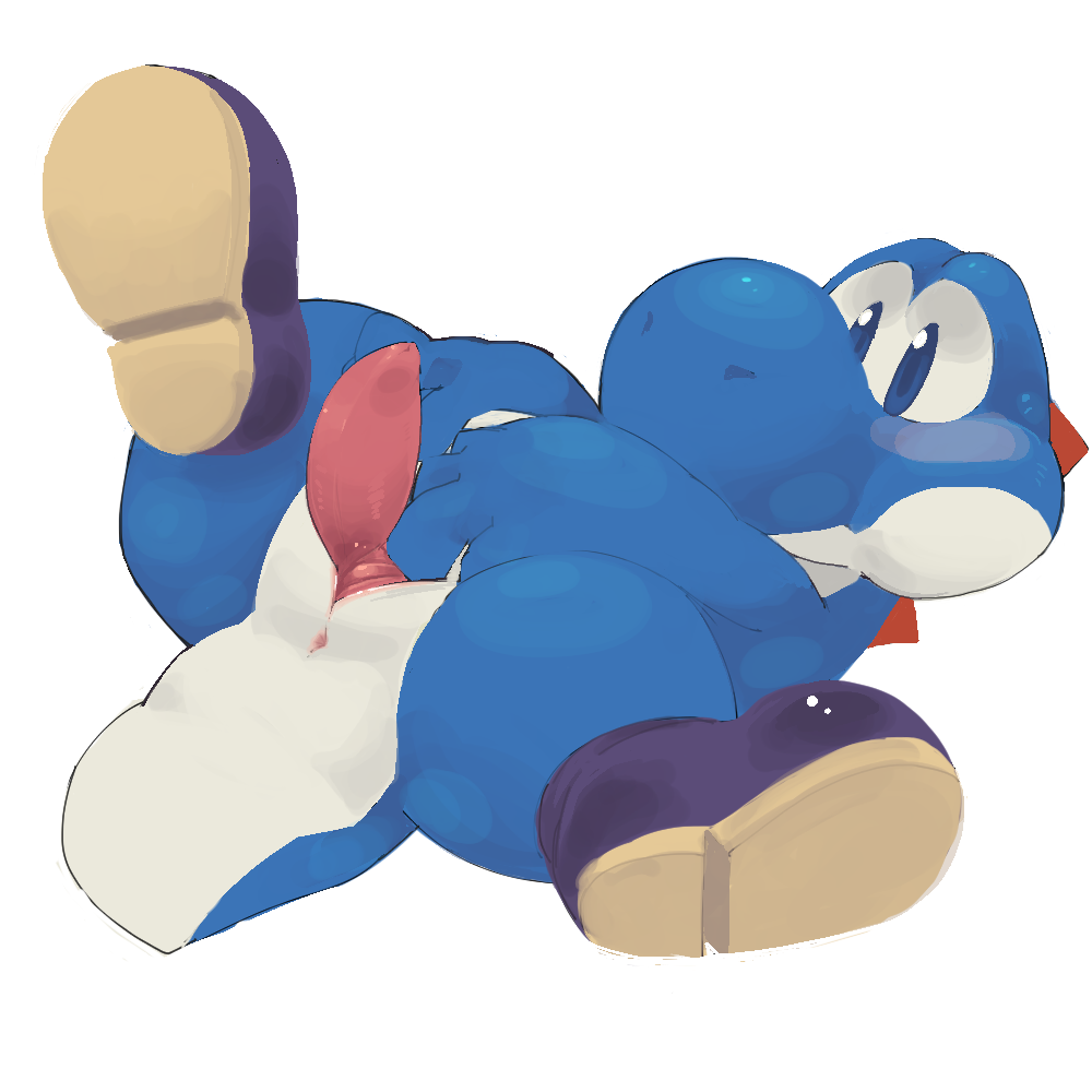 1boy 2014 animal_genitalia anthro anus blue_scales blue_yoshi erection genital_slit looking_away lying male male_only mario_(series) nintendo noriburu on_back penis plain_background scalie shoes slit slit_play solo spread_legs spread_slit spreading tapering_penis white_background white_belly yoshi