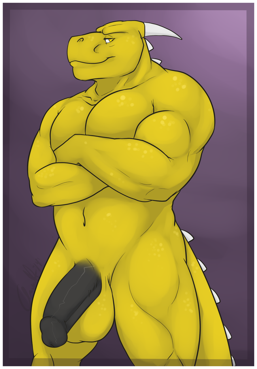 abraxis amwulf anthro bald balls biceps big_balls big_muscles big_penis black_penis crossed_arms dragon erection horn humanoid_penis looking_away male male_only manly muscles navel nude pecs penis pose scales scalie smile solo spines standing thick_penis thick_thighs toned yellow_body yellow_eyes yellow_scales yellow_skin