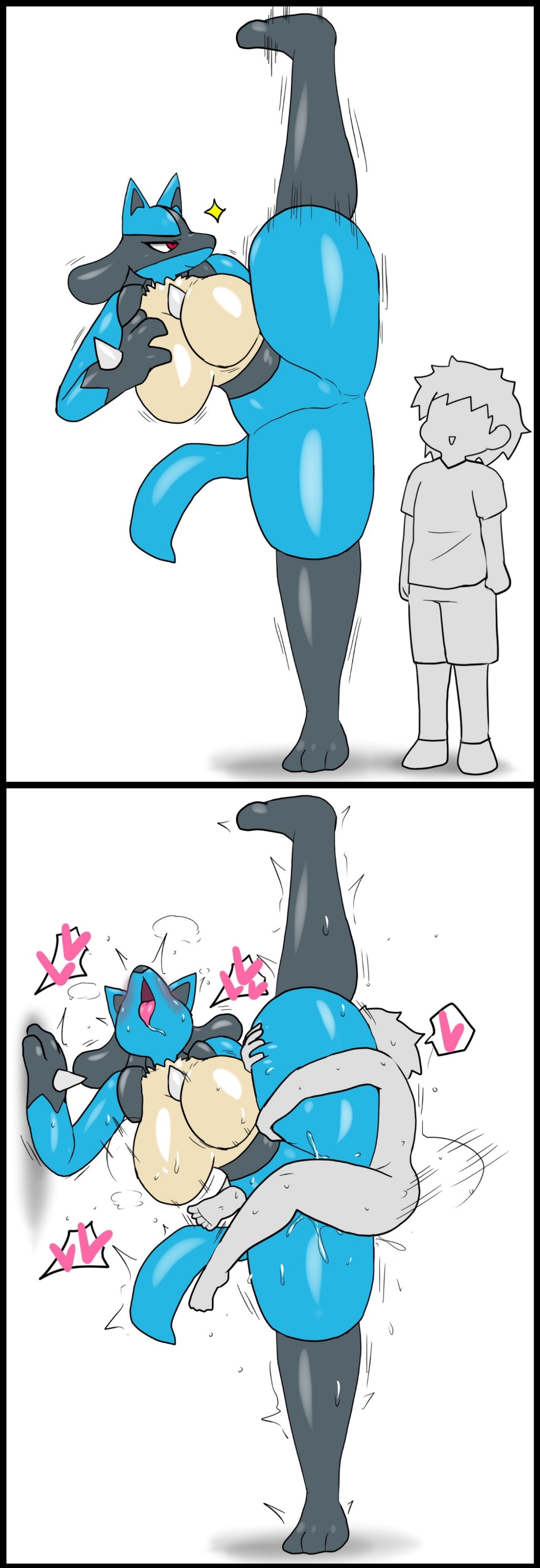 1boy, 1boy1girl, 1girls, before sex, breasts, enigi09, female, female lucario, game freak, generation 4 pokemon, larger female, lucario, male, male human/female pokemon, nintendo, pokemon, pokemon (species), pokemon dppt, smaller male, smaller male larger female, standing on one leg, standing split