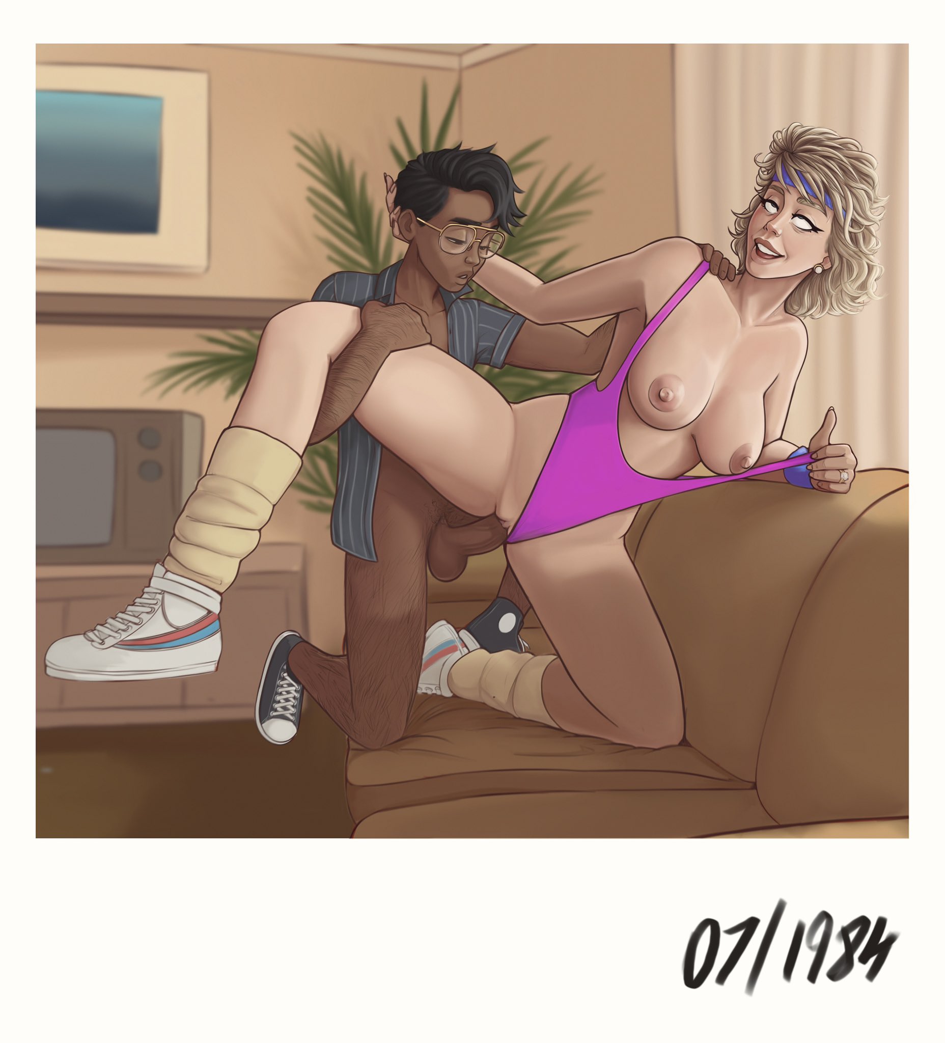 80's theme, 80s clothing, dark-skinned male, exercise clothing, functionally nude female, functionally nude male, gagan stuart, glasses, guiltymerchant, headband, height difference, light-skinned female, older female, polaroid photo, shorter male, straight, taller female, vaginal penetration, younger male
