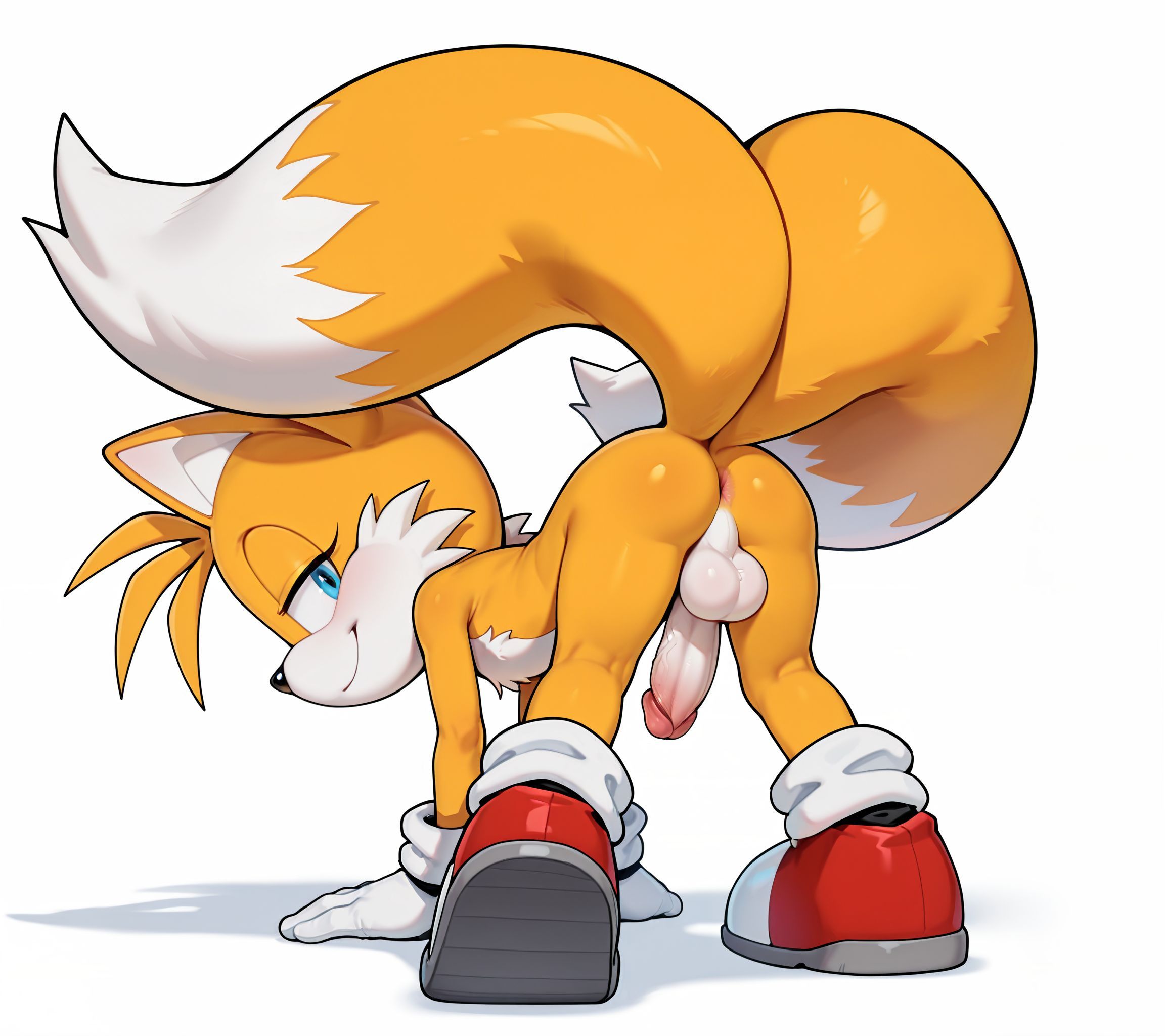 1boy, 2 tails, ai generated, all fours, anthro, anus, ass, balls, bent over, blue eyes, blush, erection, fox, furry, katalystnya, looking at viewer, looking back, male, male only, miles tails prower, naked, partially clothed, penis, plain background, presenting, presenting hindquarters, seductive, sega, shadow, shoes, simple background, smile, solo, sonic (series), tail, tails the fox, two-tone fur, white background, white fur, white gloves, yellow fur