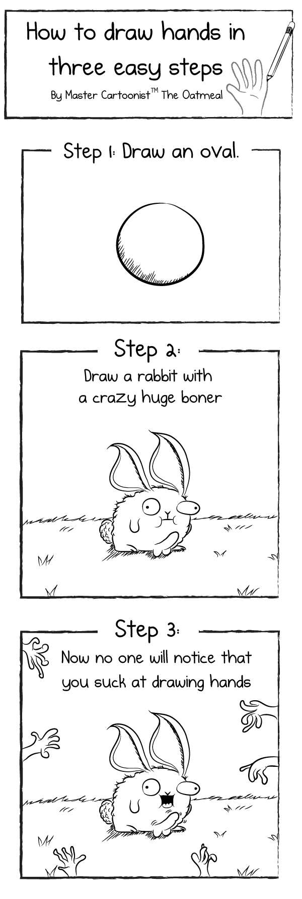 balls black_and_white comic disembodied_hand erection feral grass group humor lagomorph male mammal monochrome pencil penis plain_background rabbit solo_focus step_by_step the_oatmeal the_truth tutorial white_background