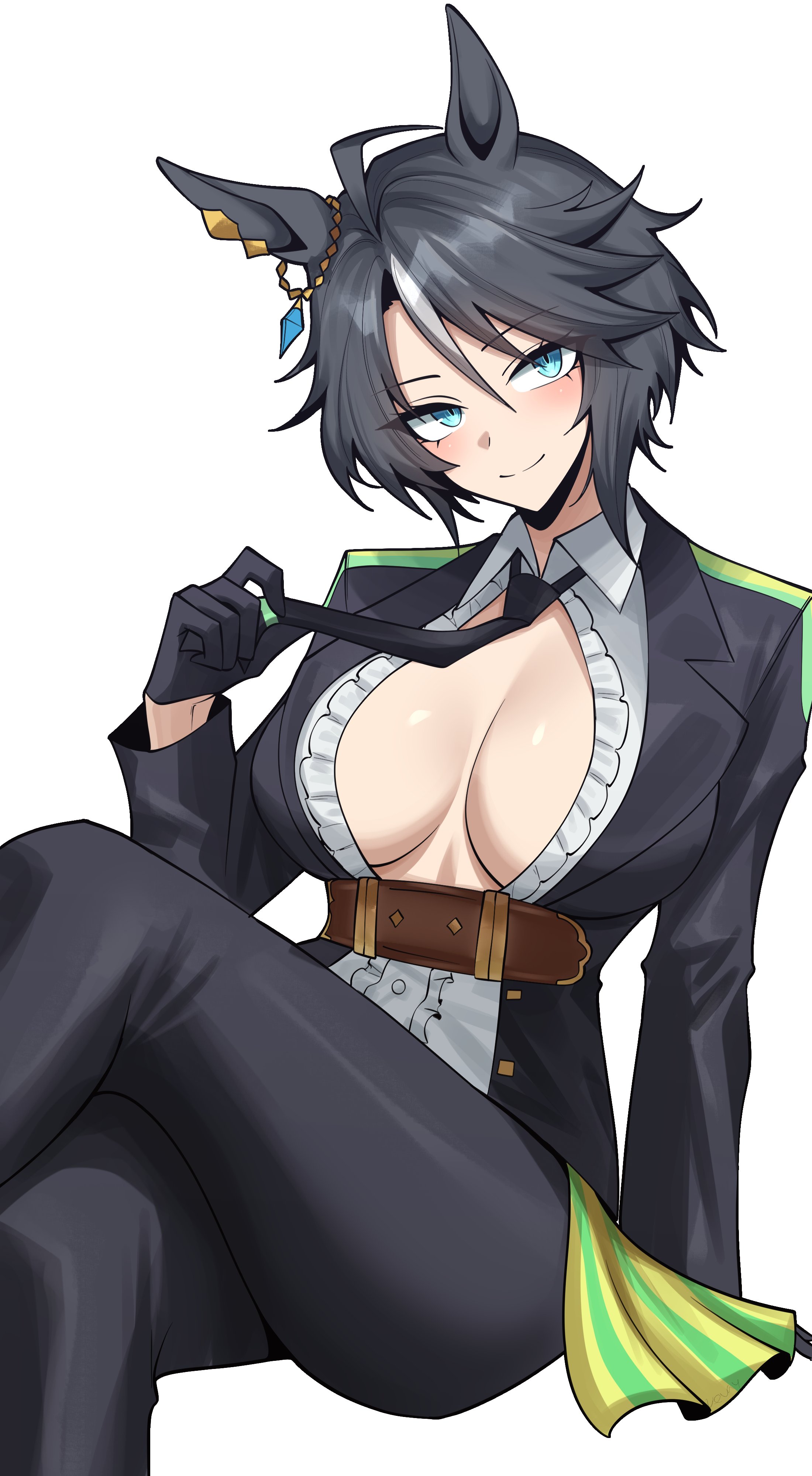 absurdres, animal ears, black gloves, black hair, black pants, blue eyes, breasts, center frills, center opening, cleavage, closed mouth, clothes lift, commentary request, female, frilled shirt, frills, fuji kiseki (shooting star revue) (umamusume), fuji kiseki (umamusume), gloves, head tilt, highres, horse ears, invisible chair, jacket, large breasts, lifting own clothes, long sleeves, looking at viewer, multicolored hair, necktie lift, no bra, open clothes, open jacket, pants, shirt, short hair, sitting, smile, solo, streaked hair, umamusume, vvernerluniq, white hair, white shirt