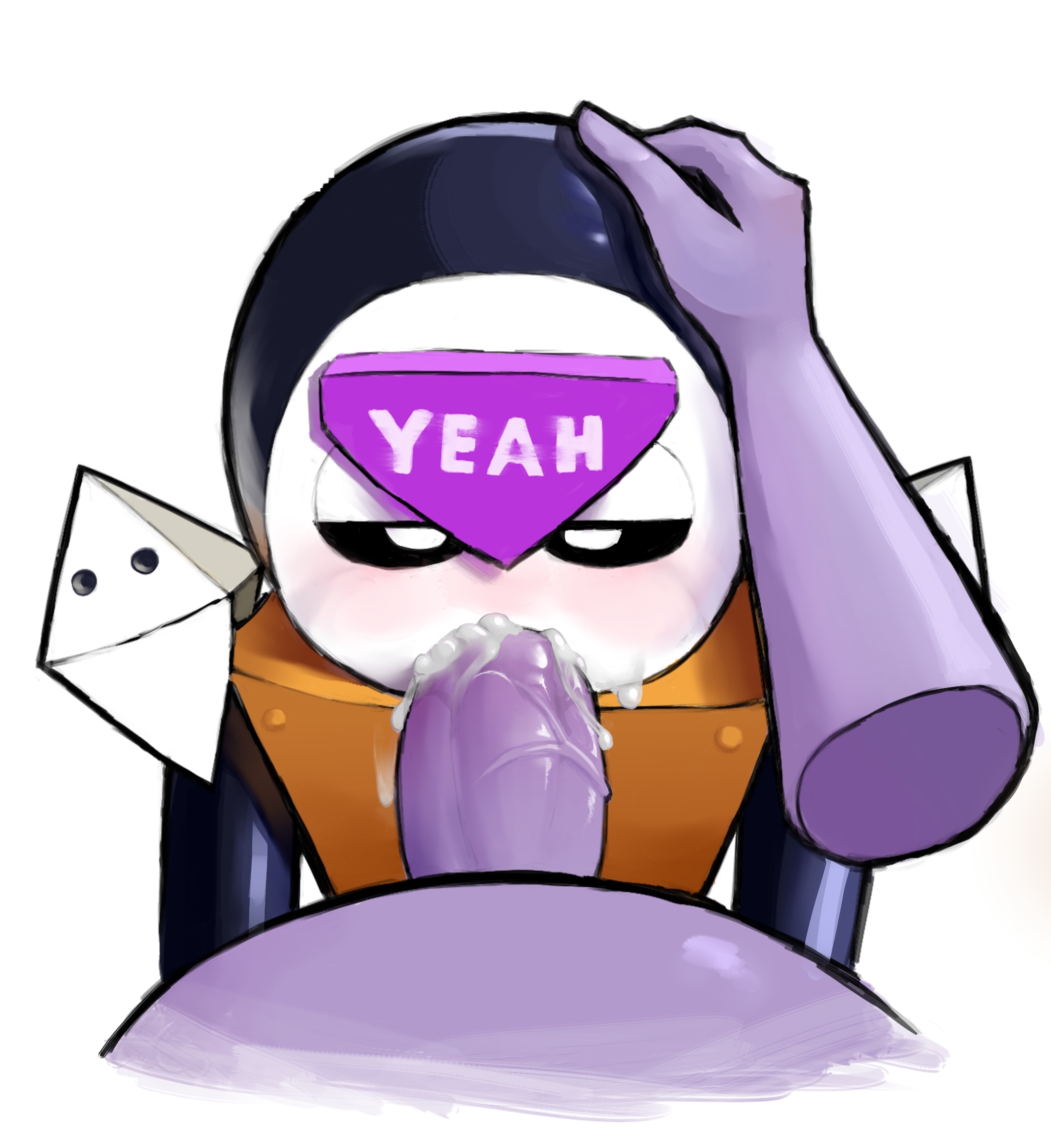 big penis, blush, brawl stars, cock, cum in mouth, from above, full color, hand on head, male only, meeple (brawl stars), only male, oral, purple skin, robot