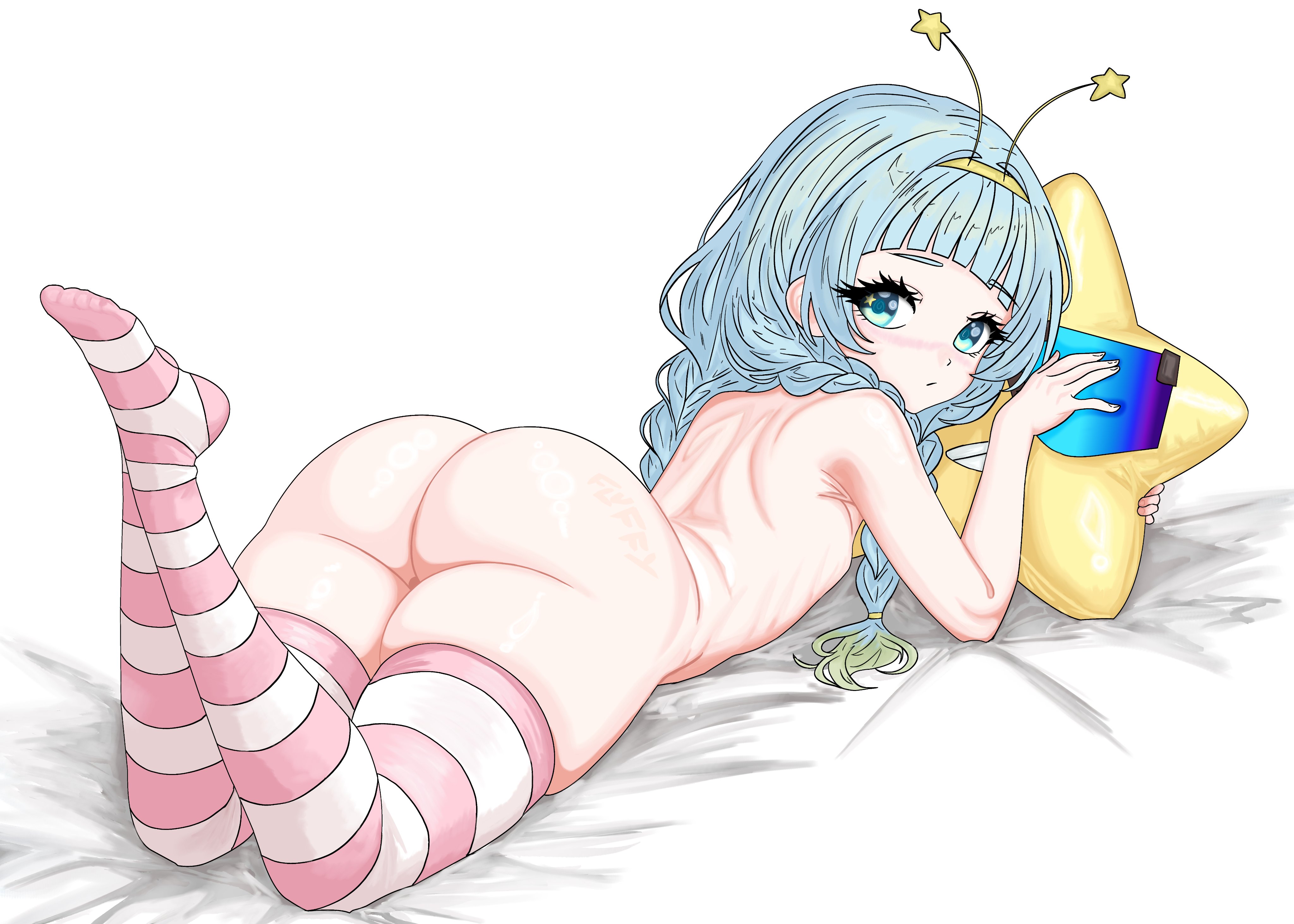 blue eyes, blue hair, fluffy (fluffycataaa/fluffylotusart), huge ass, jelly hoshiumi, looking at viewer, lying on bed, lying on stomach, phase connect, phase invaders, programming socks, virtual youtuber