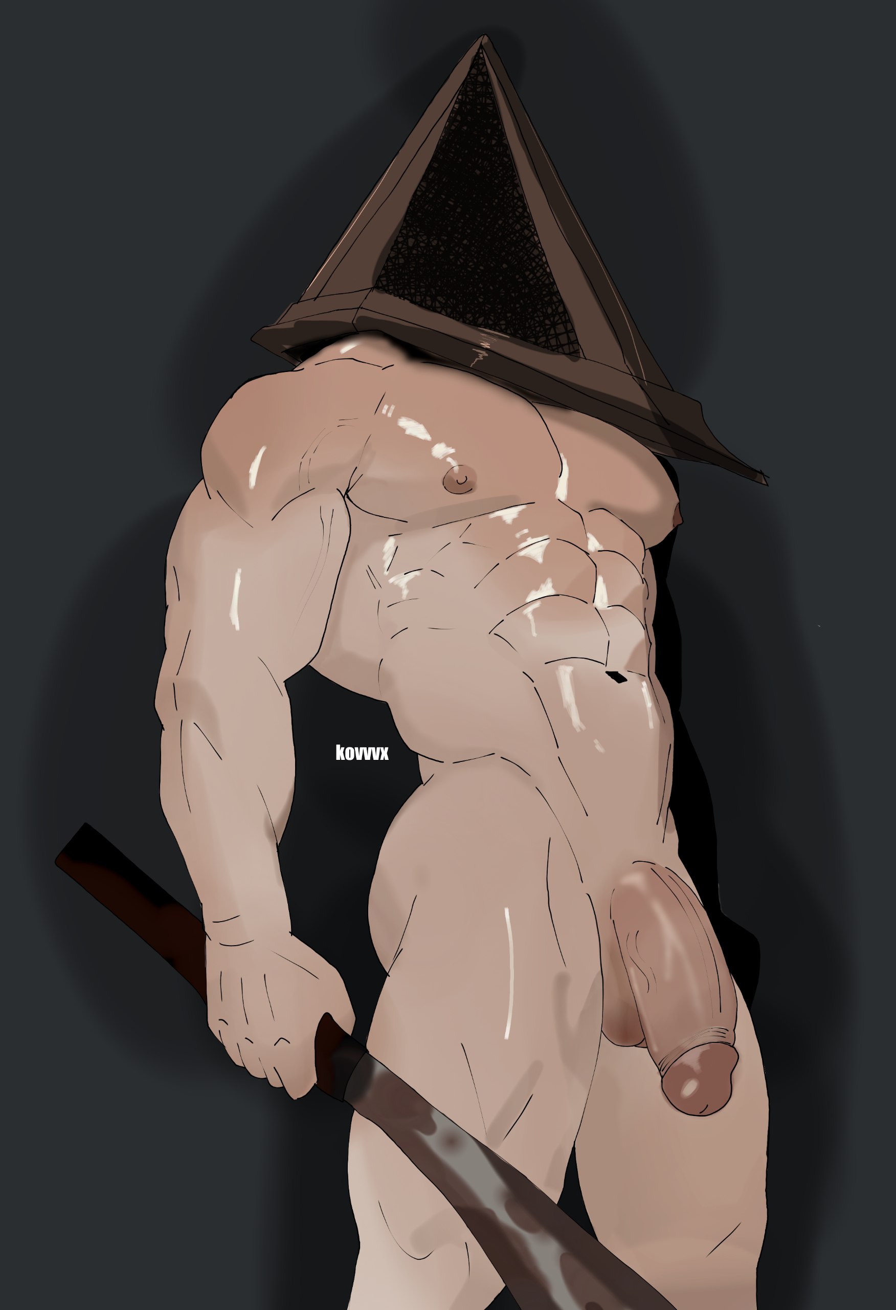 bara, big ass, big breasts, big penis, blood, breasts, dead by daylight, gay, holding object, knife, kovvvx, male, male only, muscular, naked, naked male, pyramid head, sex, silent hill, smooth skin, solo, sword