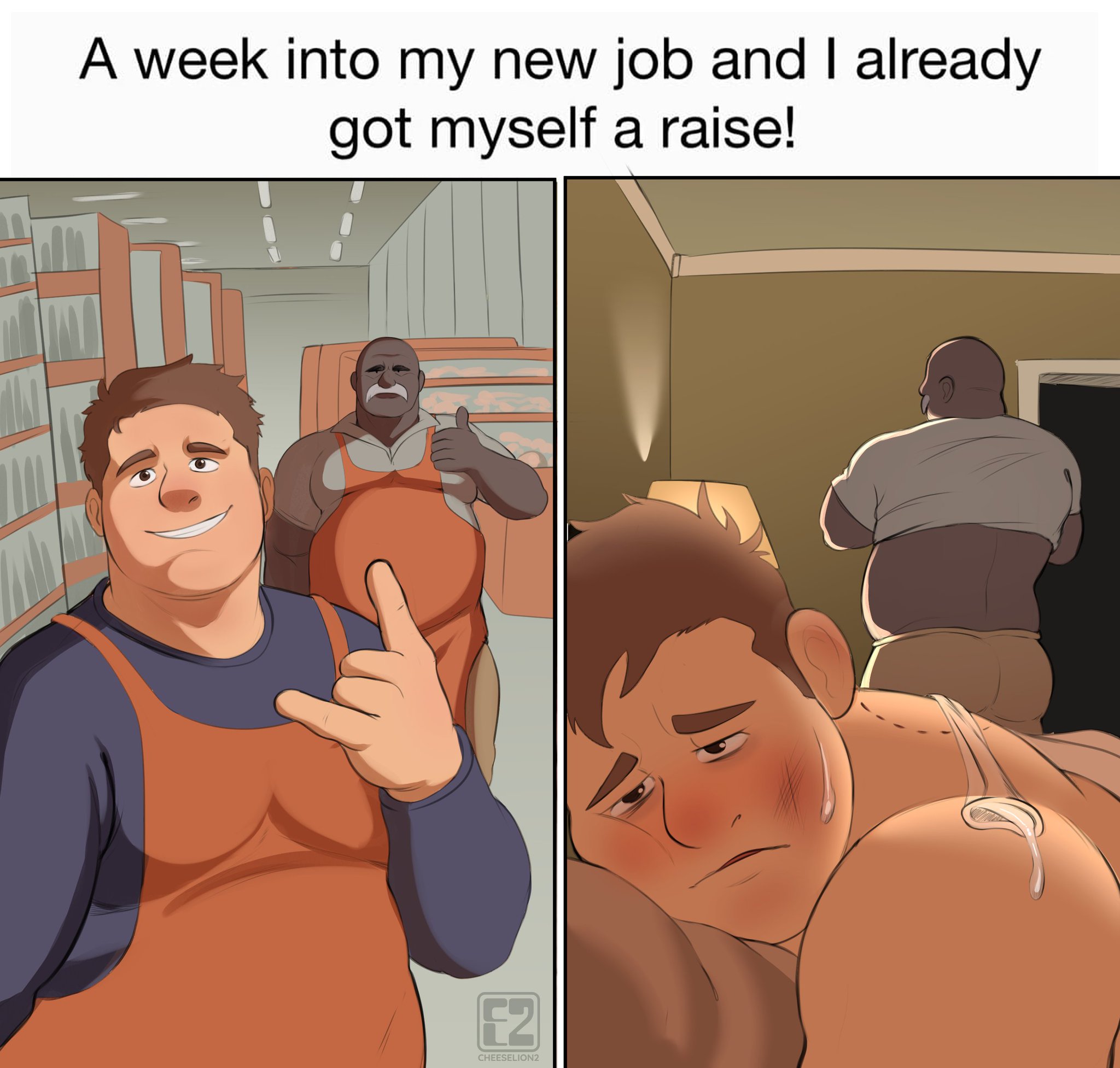 after sex, age difference, bite mark, cheeselion2, chubby, cum, cum on body, daddy, dark skin, dark-skinned male, dilf, fat, fat male, gay, interracial, male, male only, meme, meme reference, moustache