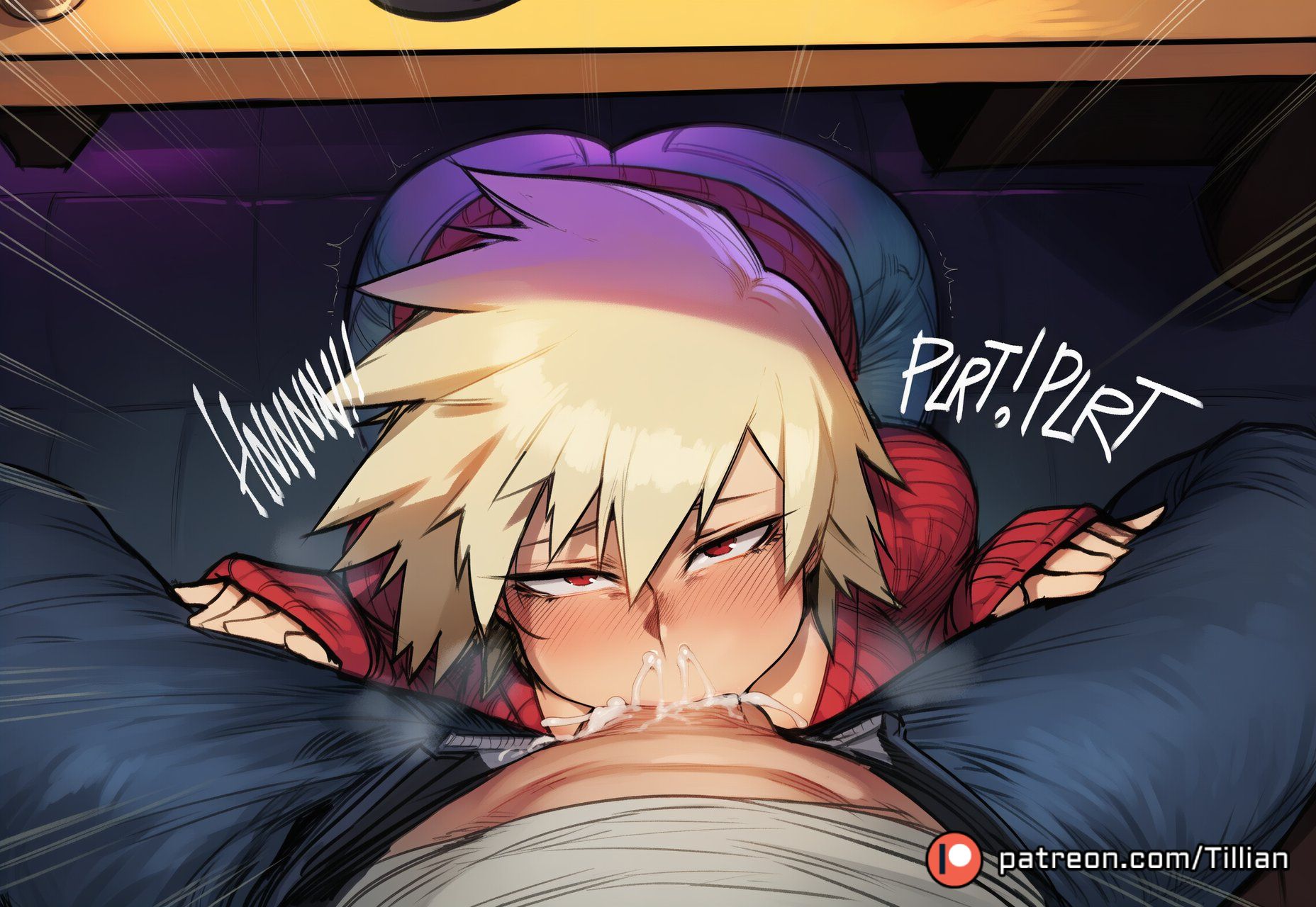 1boy, ai generated, ass, bakugou mitsuki, blonde hair, blush, boku no hero academia, cheating \\\\(relationship\\\\), cum, cum in mouth, deepthroat, denim, emphasis lines, fellatio, female, jeans, kotatsu, looking at viewer, mature female, mitsuki bakugou, my hero academia, oral, overflow, pants, patreon username, penis, pov, red eyes, red sweater, short hair, sleeves past wrists, solo focus, spiked hair, stealth sex, straight, sweater, table, tillian, under the table