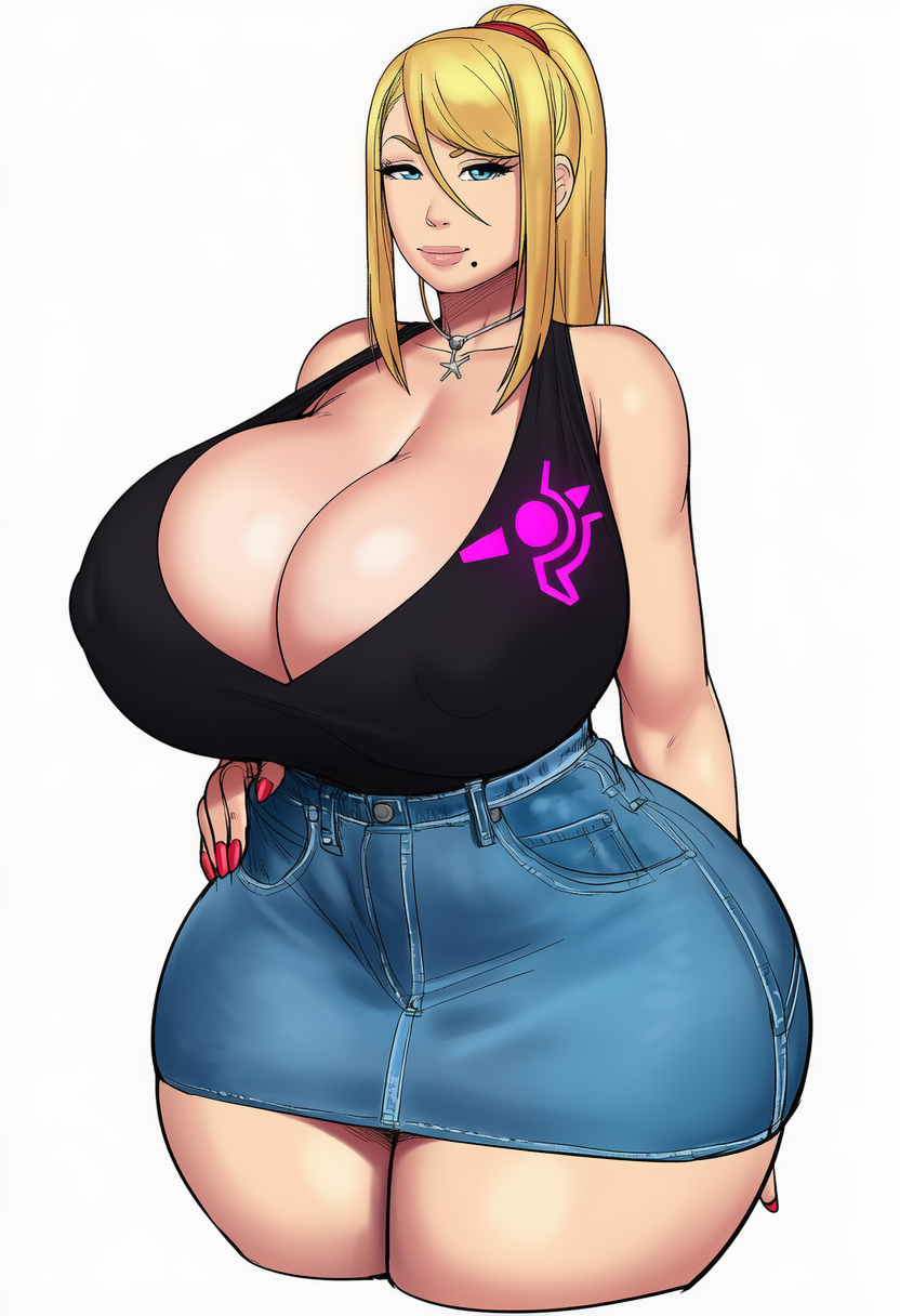 ai generated, ass, bimbo, blonde hair, booty, breasts, curvaceous, curvaceous body, curvaceous female, curvaceous figure, curves, curvy, curvy body, curvy female, curvy figure, curvy hips, denim skirt, dumptruck ass, dumptruck butt, gigantic ass, gigantic breasts, gigantic butt, gigantic thighs, hips, lubbasdump, massive ass, massive butt, massive hips, metroid, miniskirt, plump, plump ass, plump body, plump butt, samus aran, skirt, thighs, wide hips