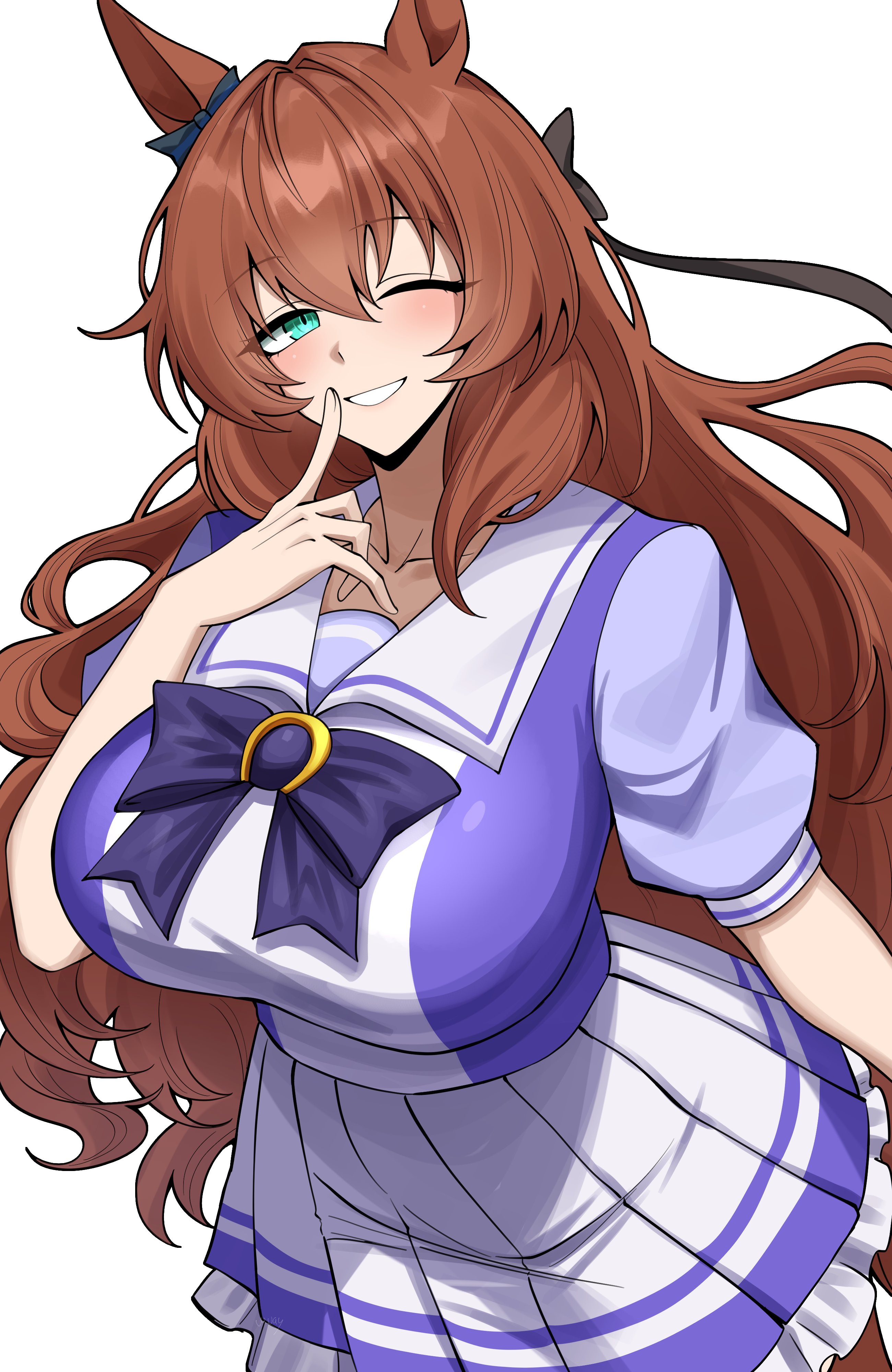 ;d, absurdres, animal ears, black bow, bow, bowtie, breasts, brown hair, collarbone, commentary, cowboy shot, ear bow, english commentary, female, green eyes, grin, hair between eyes, highres, horse ears, horse girl, huge breasts, long hair, looking at viewer, maruzensky (umamusume), one eye closed, pleated skirt, puffy short sleeves, puffy sleeves, purple bow, purple bowtie, purple shirt, sailor collar, school uniform, shirt, short sleeves, simple background, skirt, smile, solo, tracen school uniform, umamusume, very long hair, vvernerluniq, white background, white sailor collar, white skirt