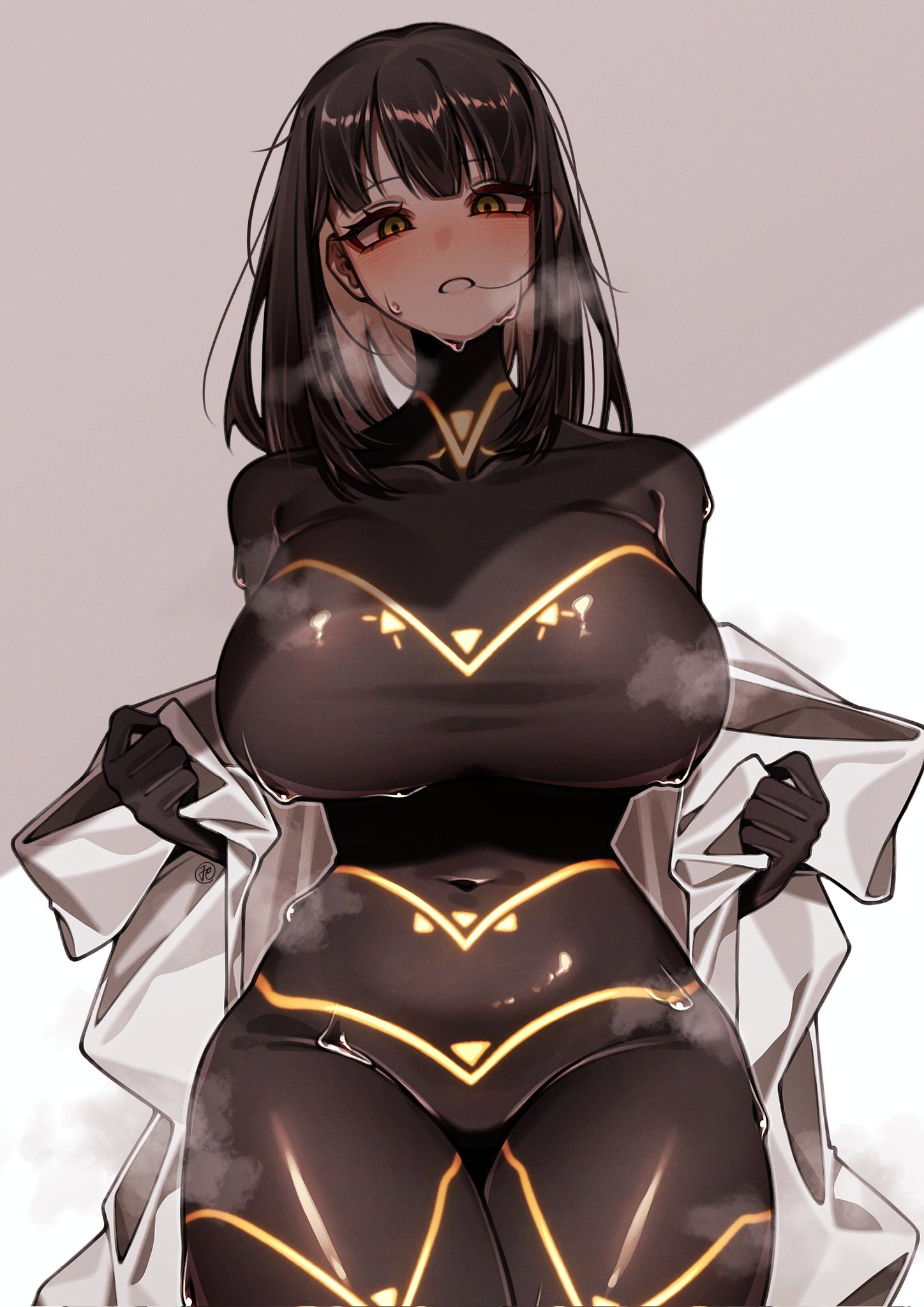 big breasts, black bodysuit, black hair, bodysuit, breasts, breath, cesara (limbus company), cesara (project moon), coat, female, hashtag-only commentary, highres, huge breasts, lab coat, large breasts, limbus company, long hair, open clothes, open coat, parted lips, project moon, skin tight, solo, steam, steaming body, suillus, sweater, tight clothing, white coat, yellow eyes
