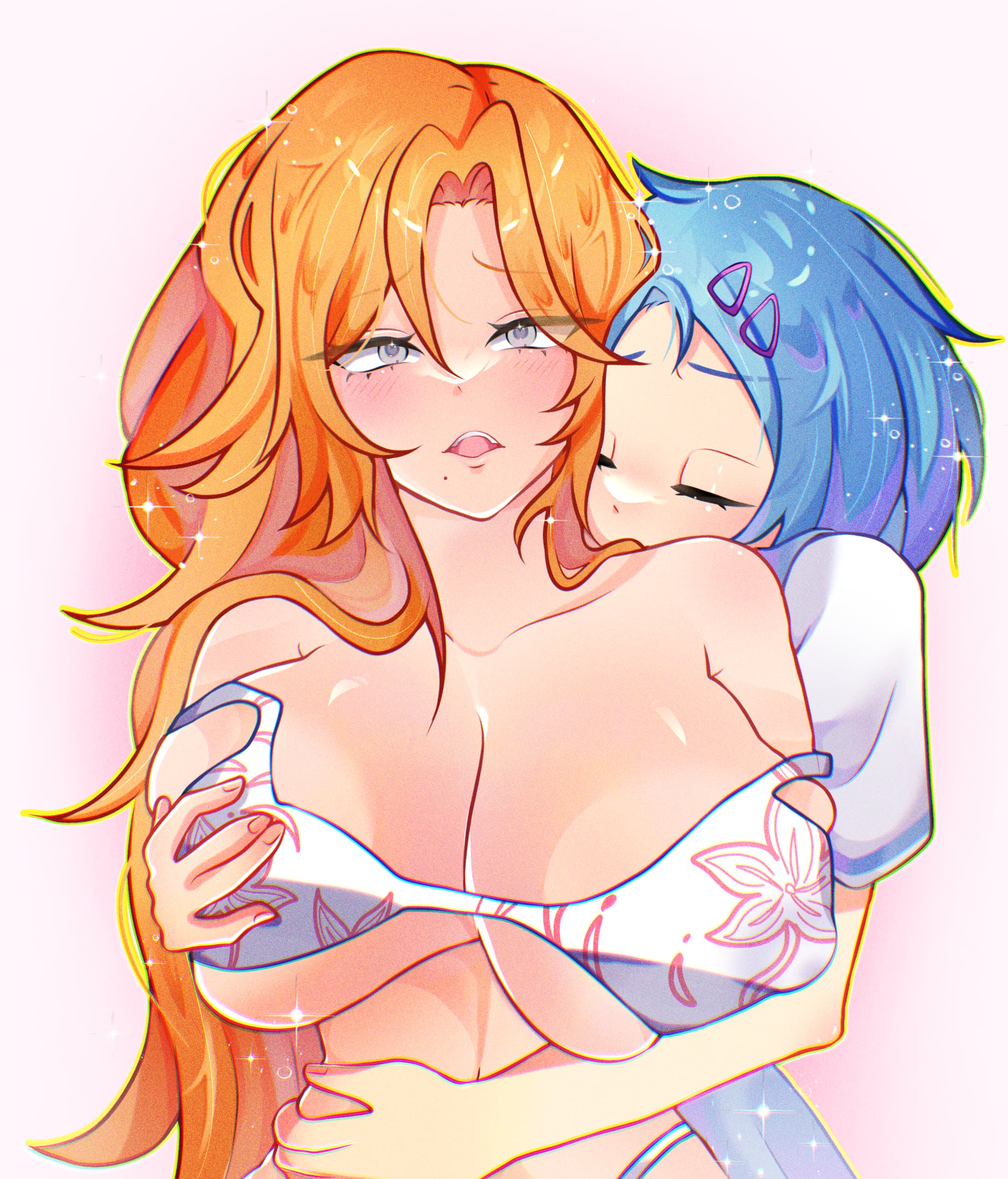 2girls, bikini, bleach, bleach: the thousand-year blood war, blue hair, breast grab, breast press, breast squeeze, crossover, female, female only, grabbing, grabbing breasts, grabbing from behind, hells, hells angels, ivysan, kissing, kissing neck, matsumoto rangiku, moaning, orange hair, rinne, rinne amagane, school uniform, schoolgirl, wholesome, yuri