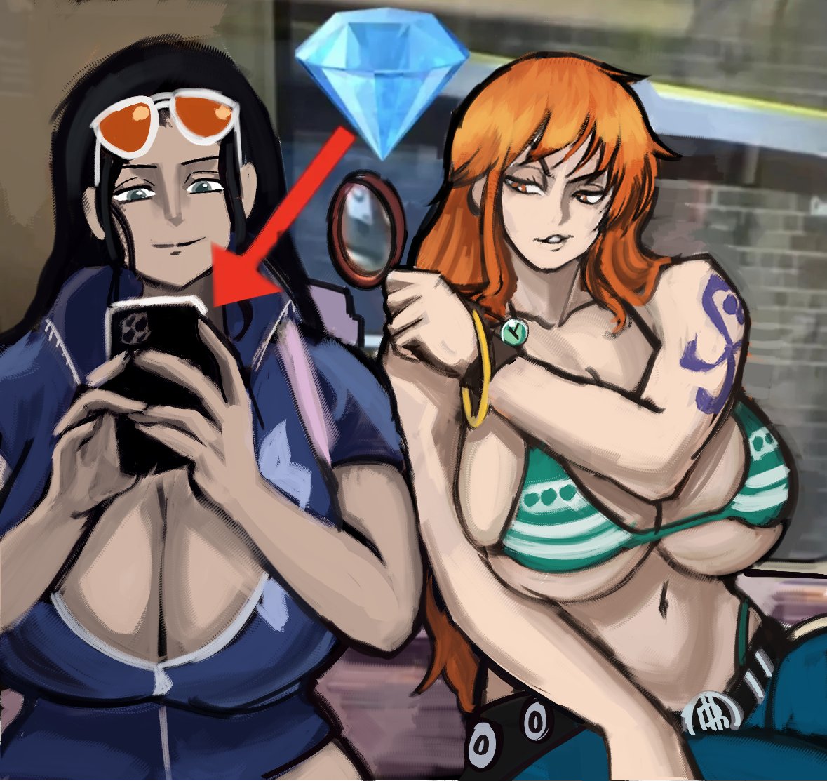 2girls, big breasts, bikini top, black hair, black-haired female, breasts, breasts bigger than head, cleavage, female, female only, gem, gem alert, ginger, ginger hair, humor, magnifying glass, meme, nami (one piece), nico robin, one piece, orange hair, orange-haired female, phone, sunglasses on head, thong, tinboryte