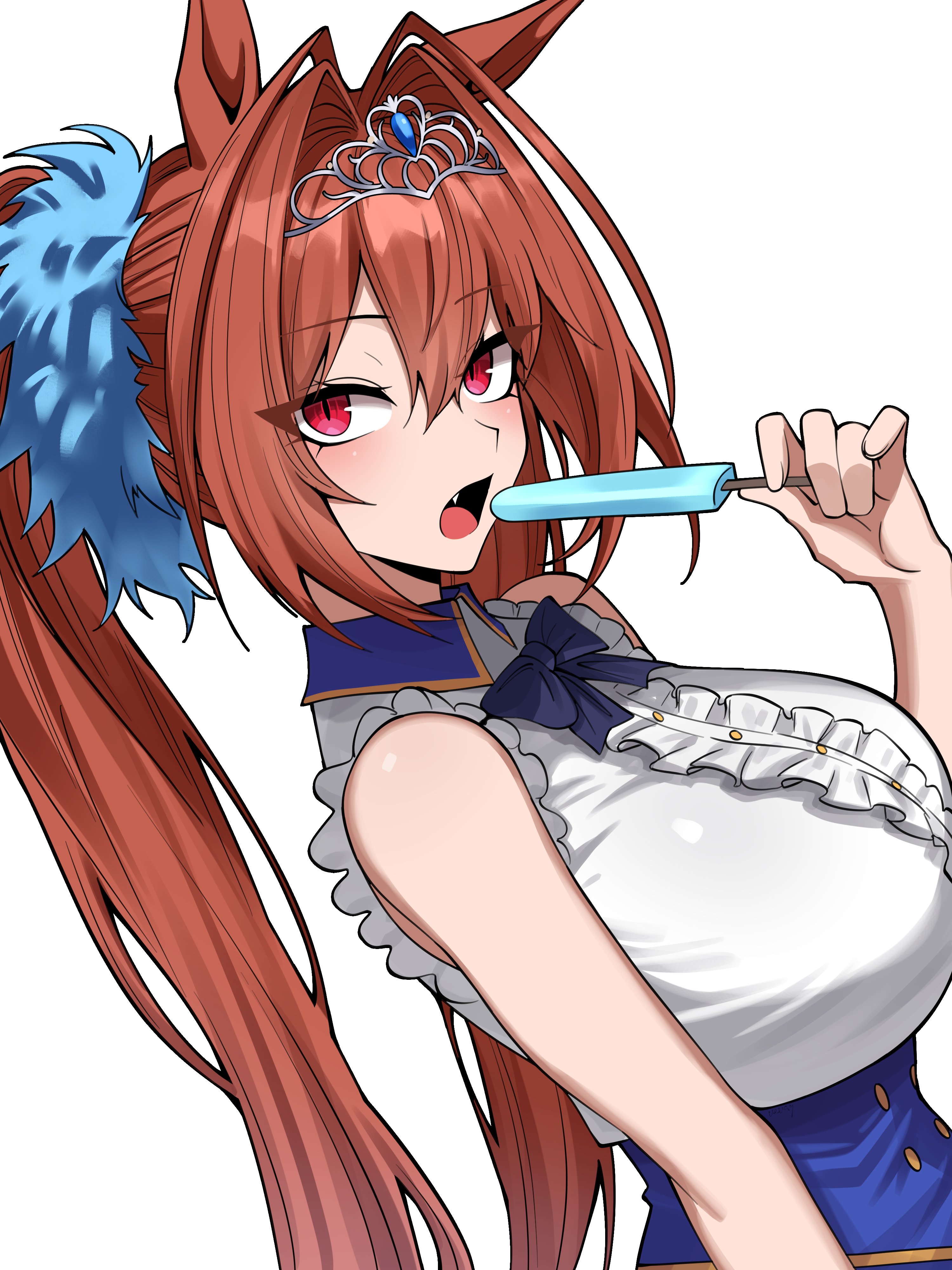 absurdres, animal ears, bare arms, blue bow, blue bowtie, blue gem, blue scrunchie, blue skirt, bow, bowtie, breasts, buttons, center frills, commentary, daiwa scarlet (peak blue) (umamusume), daiwa scarlet (umamusume), dutch angle, female, food, frilled shirt, frills, from side, gem, hair between eyes, hair intakes, hashtag-only commentary, high-waist skirt, highres, holding, holding food, holding popsicle, horse ears, horse girl, imminent bite, large breasts, light blush, long hair, looking at viewer, oerba yun fang, open mouth, popsicle, red eyes, scrunchie, shirt, sidelocks, sideways glance, simple background, skirt, sleeveless, sleeveless shirt, slit pupils, solo, tiara, tongue, twintails, umamusume, upper body, very long hair, vvernerluniq, white background, yellow trim