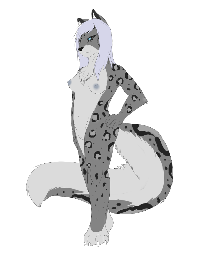 anthro black_nose blue_eyes breasts chest_tuft claws feline female fur furry furry_only hair hand_on_hip hashire leopard long_hair long_tail mammal navel nipples nude plain_background pussy slim snow_leopard solo standing tuft