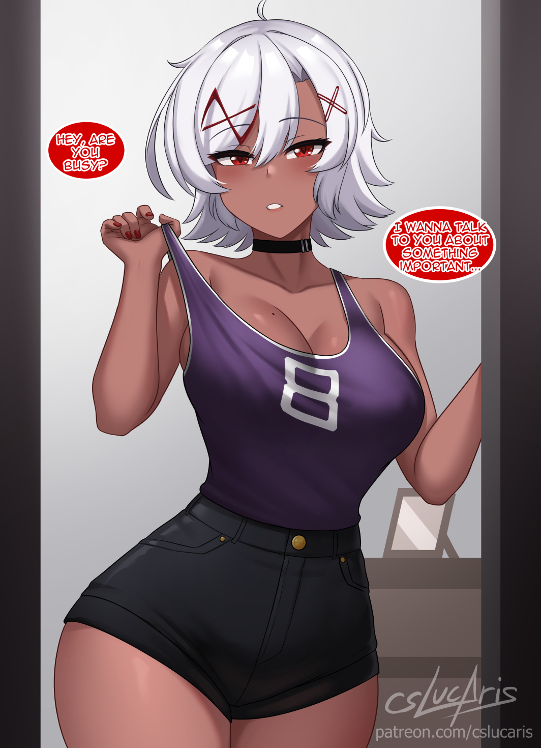 big breasts, birthmark, cslucaris, dark-skinned female, grey hair, grey hair female, lifting shirt, lucille (cslucaris), neck collar, oc, original character, purple shirt, red eyes, red nails, short pants