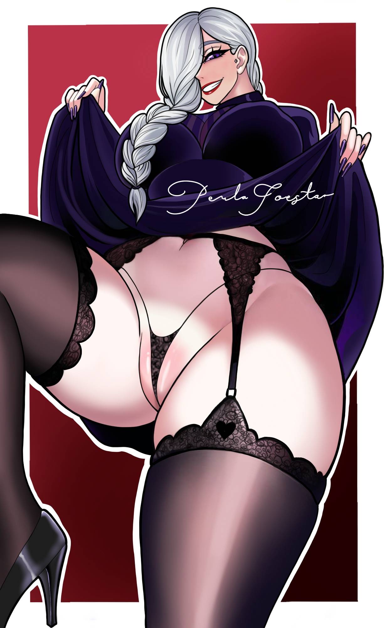 1girls, 2024, artist name, big breasts, black thighhighs, black thong, braid, braided hair, breasts, clothing, dress, dress lift, ear piercing, earrings, female, female only, footwear, garter straps, hair, hair over one eye, heels, high heels, jujutsu kaisen, lace, lace trim, lace-trimmed garter belt, lace-trimmed panties, lace-trimmed thighhighs, legwear, lingerie, lingerie under clothes, lips, mature, mature female, mature woman, mei mei (jujutsu kaisen), nail polish, nails, perlajoestar, purple dress, purple eyes, purple nail polish, purple nails, smile, solo, solo female, thong, white hair