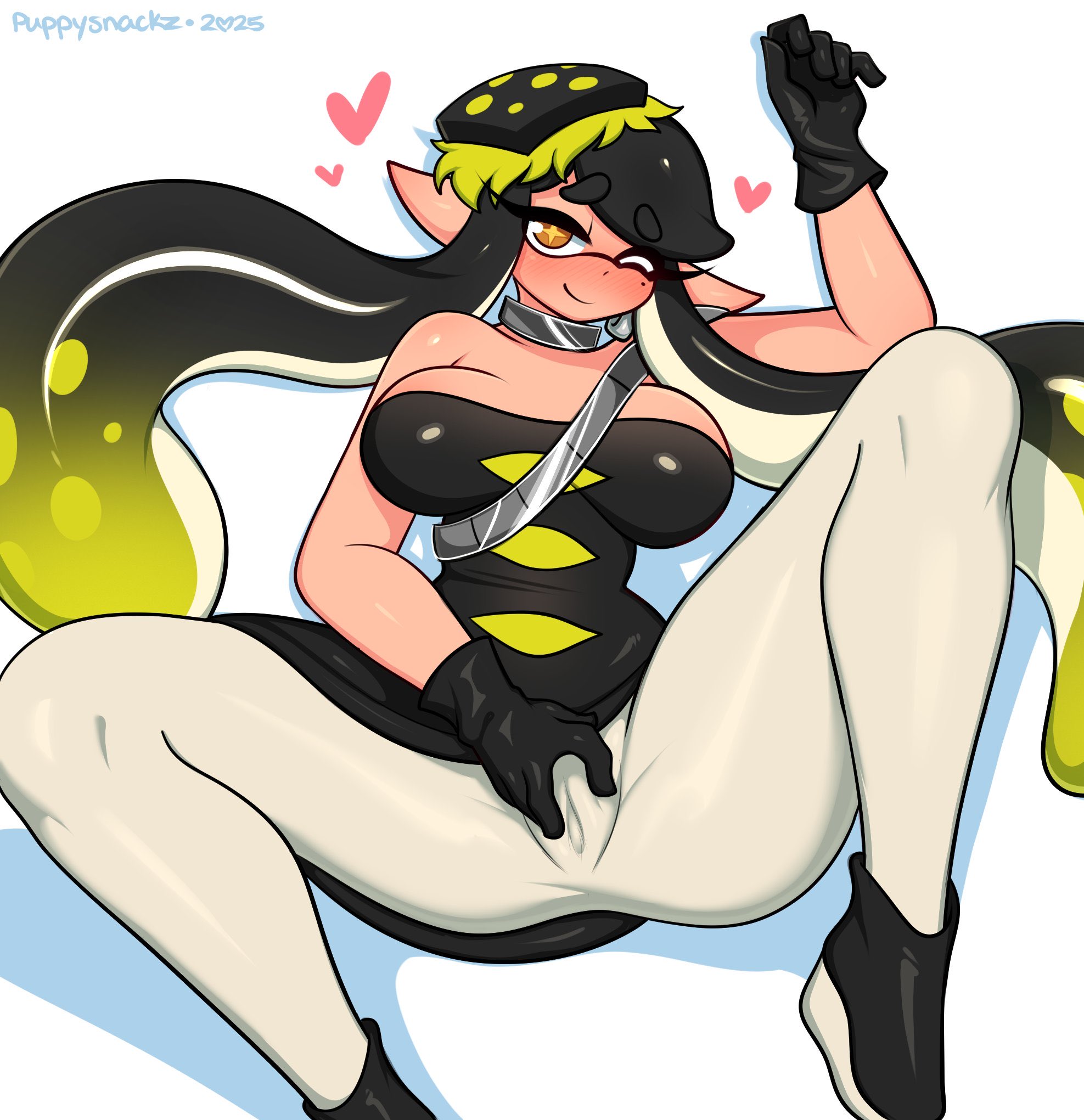 1girls, black gloves, blush, breasts, callie (alterna), callie (splatoon), choker, female, gloves, inkling, large breasts, long hair, looking at viewer, mole, mole under eye, nintendo, one eye closed, pantyhose, pointy ears, puppysnackz, solo, splatoon, splatoon (series), splatoon 3, splatoon 3: return of the mammalians, spread legs, spread pussy, spread pussy under clothes, tentacle hair, two-tone hair, white pantyhose, wink, winking at viewer