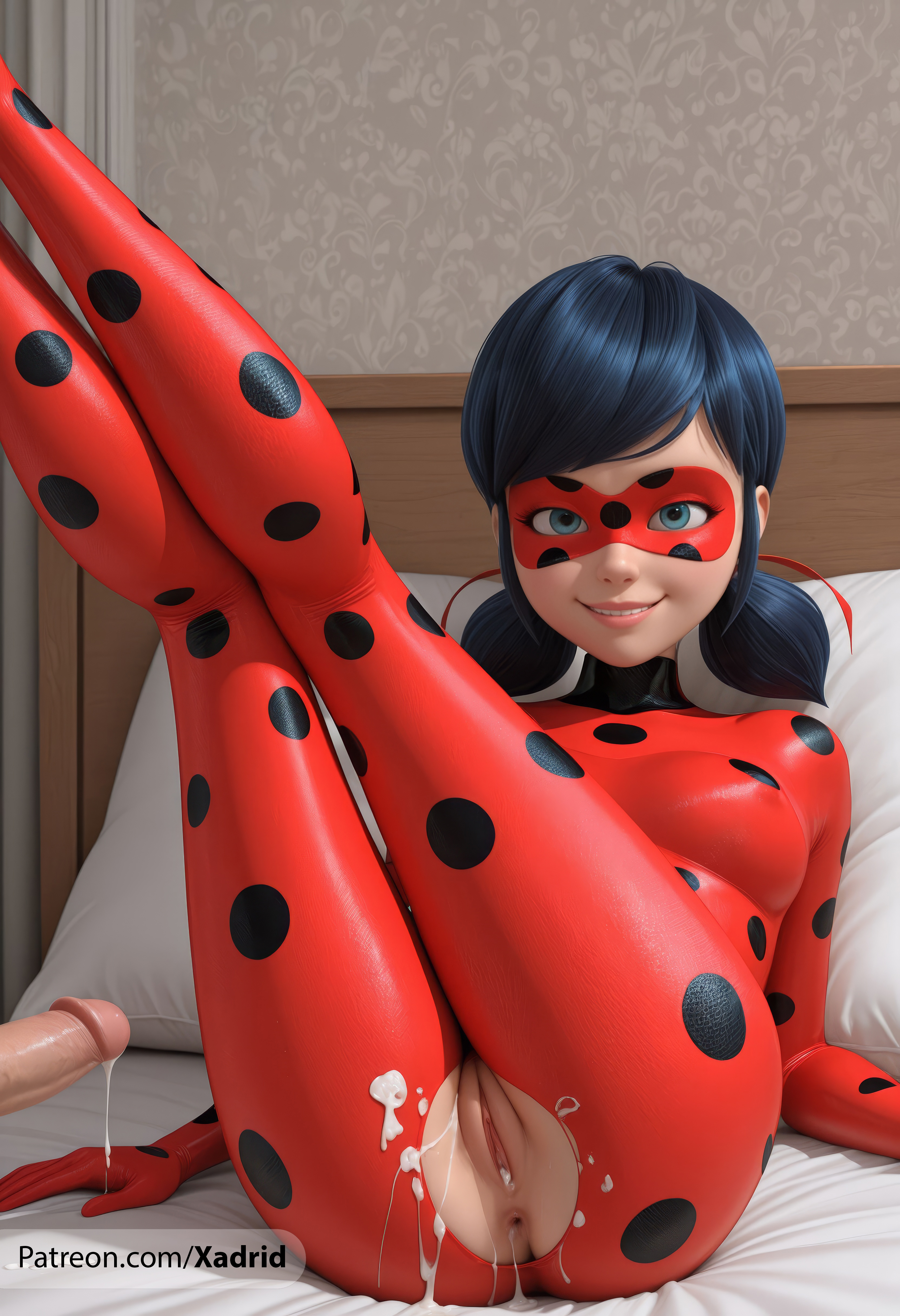 1boy, 1girls, adrien agreste, after sex, after vaginal, ai generated, anus, artist name, ass, bed, black hair, blue eyes, blue hair, bodysuit, breasts, cum, cum in pussy, cumdrip, disney, disney channel, domino mask, female, hair ribbon, indoors, ladybug (character), ladybug & cat noir: the movie, latex, legs up, lips, looking at viewer, low twintails, lying, male, marinette dupain-cheng, mask, medium breasts, miraculous ladybug, miraculous: tales of ladybug and cat noir, on back, on bed, parted lips, patreon username, penis, pillow, polka dot, pussy, ribbon, smile, solo focus, straight, superhero, torn bodysuit, torn clothes, twintails, uncensored, web address, xadrid
