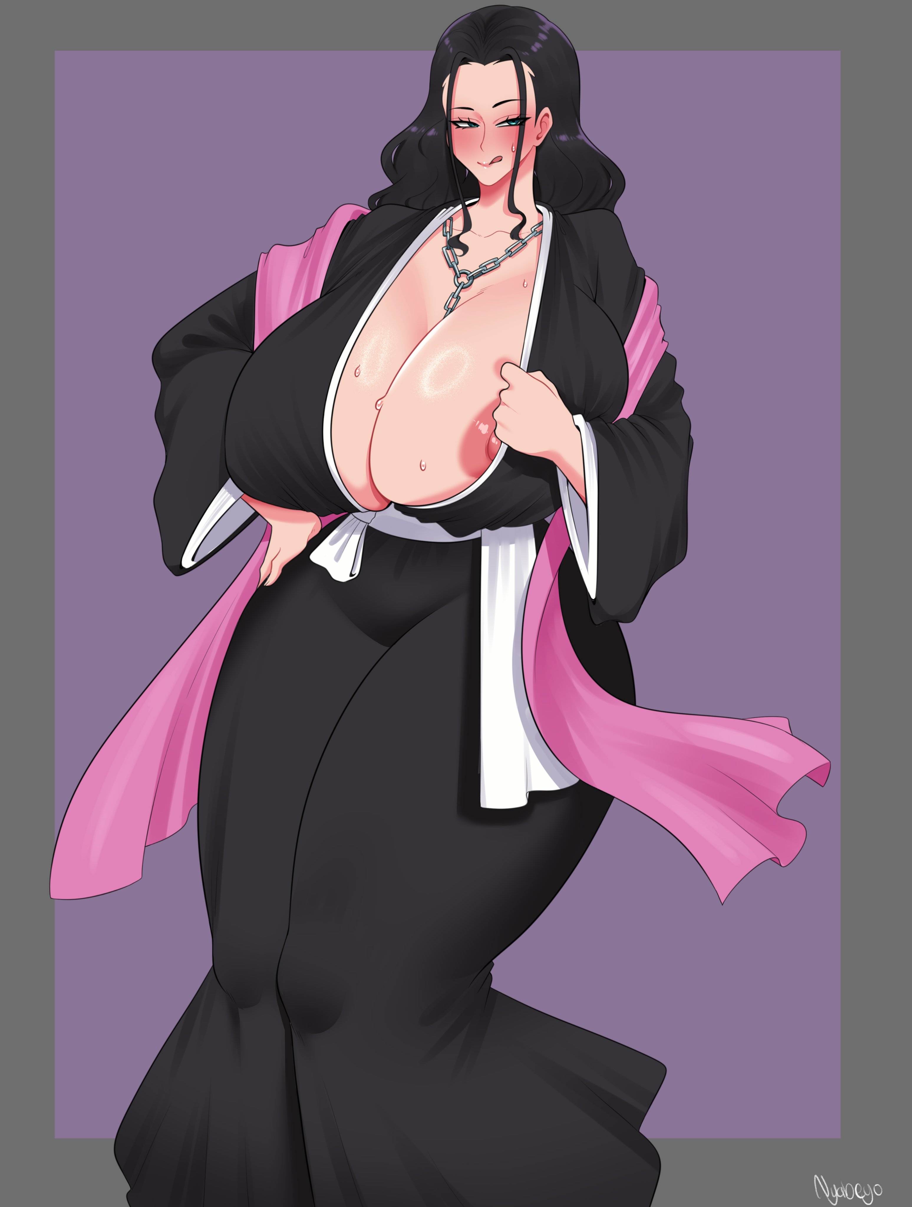 1female, 1females, 1girls, big breasts, black hair, bleach, blue eyes, blush, breasts, breasts bigger than head, chain, chain necklace, cleavage, cosplay, crossover cosplay, female, female only, girl, girl only, huge breasts, large breasts, long hair, matsumoto rangiku (cosplay), necklace, nico robin, nipple slip, nyabeyo, one piece, shinigami uniform, solo female, solo girl, thighs bigger than head, tongue, tongue out