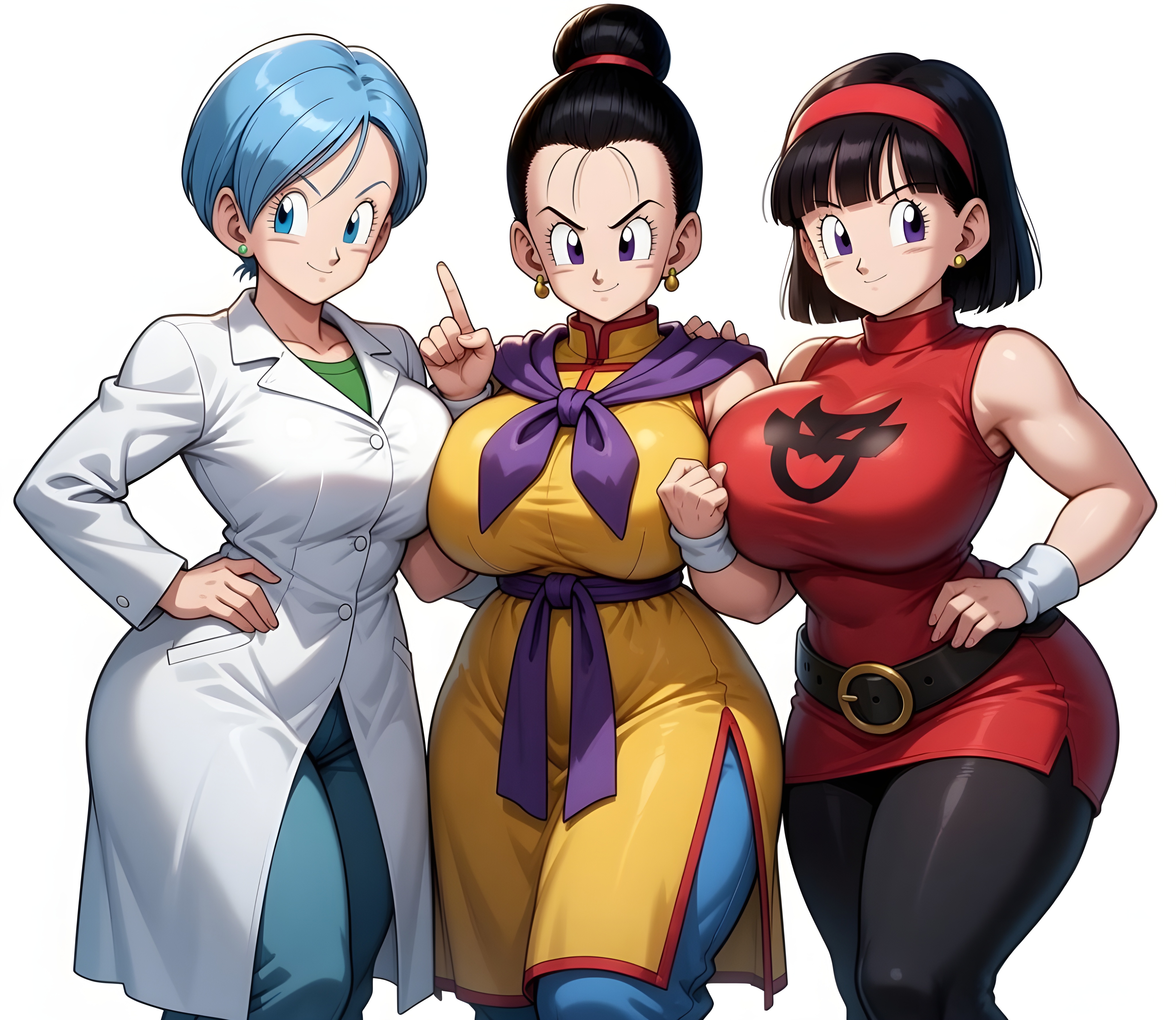 3girls, 3milfs, ai generated, big ass, big breasts, big butt, black hair, blue hair, brasil louco, bulma briefs, chichi, chichi (majin buu saga), chubby, chubby female, clothed, clothed female, curvaceous, curvy, curvy body, curvy female, curvy figure, dragon ball, dragon ball super, dragon ball z, female, female human, female only, full body, full clothed, fully clothed, huge breasts, human, human female, human only, japanese female, looking at viewer, looking down, mature, mature female, mature milf, mature woman, milf, milf body, multiple girls, presenting, seducing, seducing viewer, seductive, seductive look, seductive pose, seductive smile, sexy, sexy body, sexy pose, short hair, shueisha, simple background, solo female, tagme, thick, thick ass, thick body, thick butt, thick legs, thick thighs, toei animation, trio, trio female, trio focus, videl, videl (dragon ball super), voluptuous, voluptuous female, white background