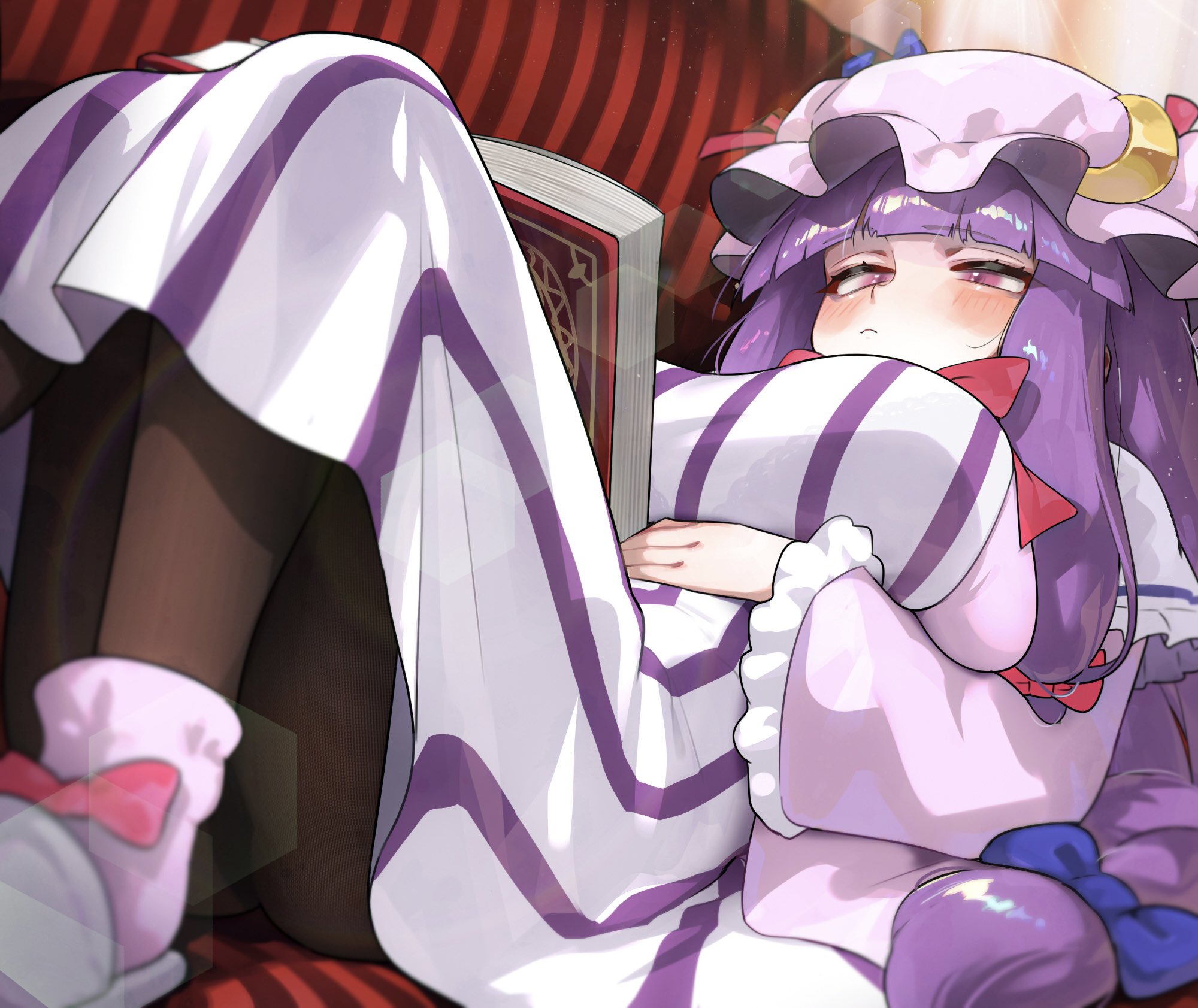 1girls, blue bow, blush, book, bow, breasts, commentary request, dress, female, hat, hat ornament, highres, hizake, kashu (hizake), large breasts, long hair, long sleeves, lying, mob cap, moon, pantyhose, patchouli knowledge, pink socks, purple dress, purple eyes, purple hair, slippers, socks, striped clothes, striped dress, touhou