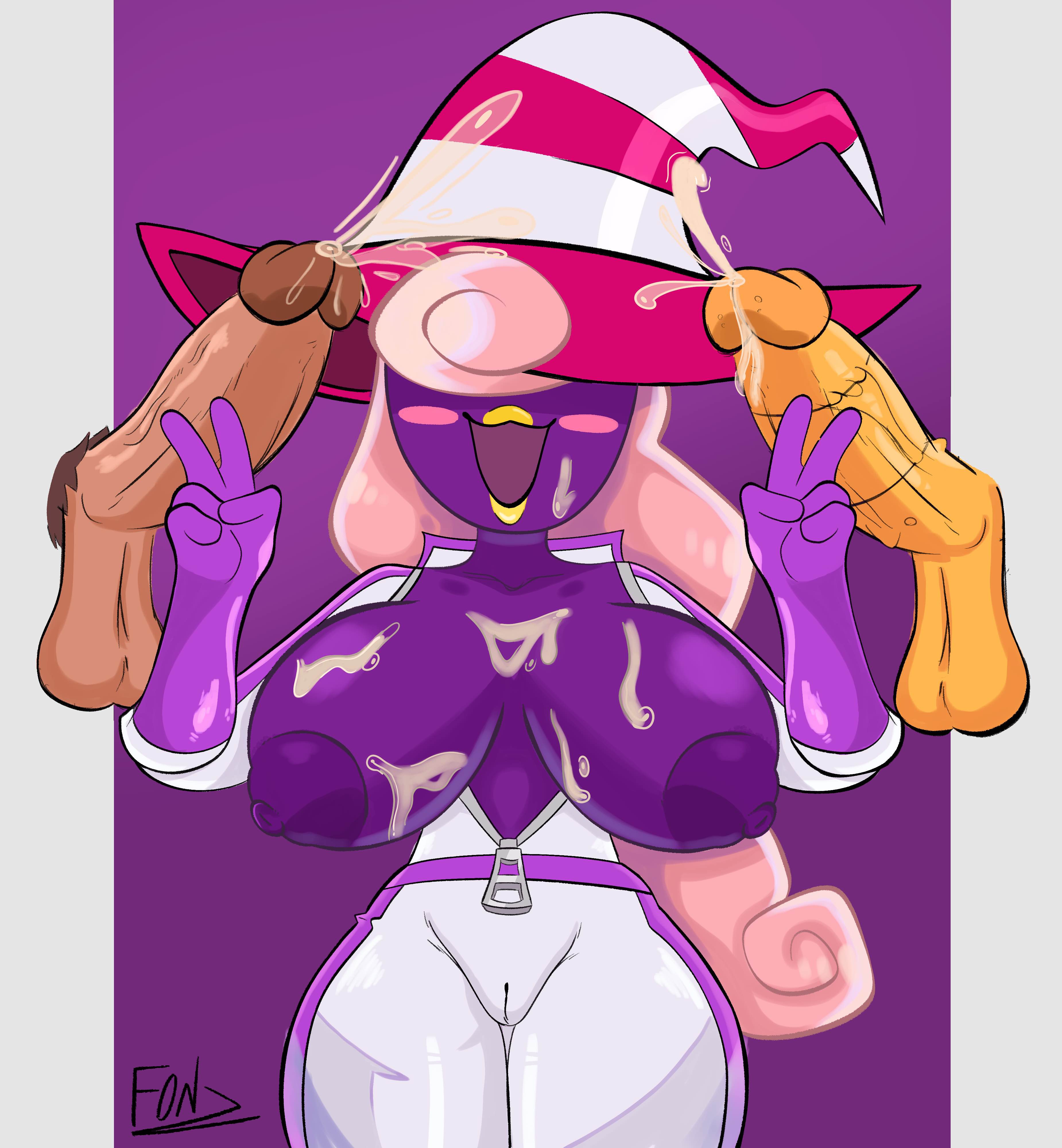1girls, 2boys, areola, balls, bodysuit, bowser, bukkake, covered in cum, cum on breasts, donkey kong, female, female focus, fonz, large breasts, male, male/female, mario (series), mario kart, nipples, offscreen character, offscreen male, paper mario, paper mario: the thousand-year door, penis, purple nipples, skintight bodysuit, tight clothing, vivian (paper mario), vulva outline