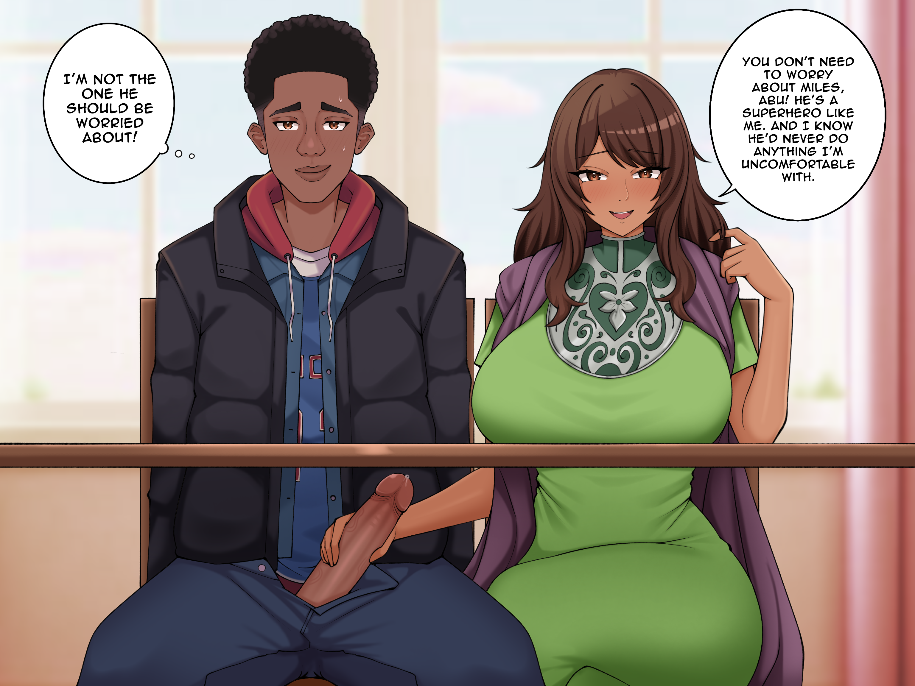 alternate breast size, black male, brown eyes, brown hair, brown skin, cute, dark-skinned female, dark-skinned male, date, daughter, enormous breasts, formal clothes, formal wear, fully clothed, handjob, innocent expression, interracial, jerking off another, jerkingoff another, kamala khan, marvel, marvel comics, miles morales, muslim female, nath08, nervous smile, nervous sweat, pakistani female, secret sex, spider-man, spider-man (series), stealth, stealth handjob, teenage girl, teenager, under the table, wide hips