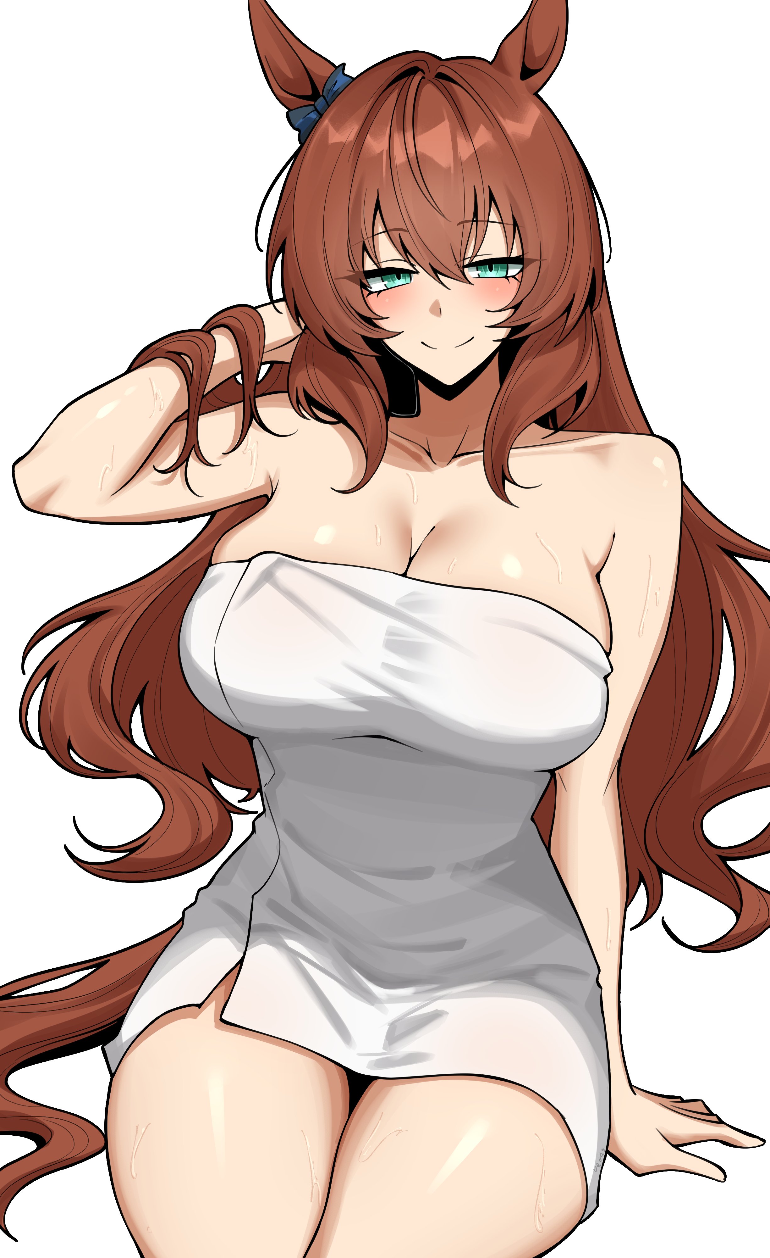 absurdres, animal ears, aqua eyes, blue ribbon, blush, breasts, brown hair, cleavage, closed mouth, collarbone, ear ribbon, female, highres, horse ears, horse tail, large breasts, long hair, looking at viewer, maruzensky (umamusume), naked towel, ribbon, simple background, sitting, smile, solo, tail, thighs, towel, umamusume, vvernerluniq, wet, white background