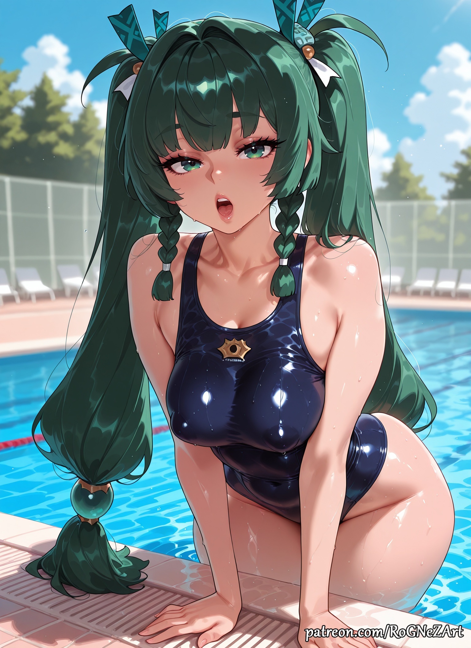 2025, ai generated, anime, arm support, bangs, bare shoulders, blue one-piece swimsuit, blue sky, braid, braided hair, breasts, cleavage, cloud, collarbone, covered navel, crossover, day, eye contact, female, female focus, female only, green eyes, green hair, hair accessory, hair ornament, highleg, highres, hoyoverse, huge breasts, large breasts, lips, long hair, looking at viewer, medium breasts, mihoyo, moaning, nsfw, one-piece swimsuit, open mouth, outdoors, patreon, pool, poolside, qingyi (zenless zone zero), rognezart, shiny, shiny clothes, shiny skin, sky, solo, swimsuit, twin braids, twintails, very long hair, water, wet, zenless zone zero