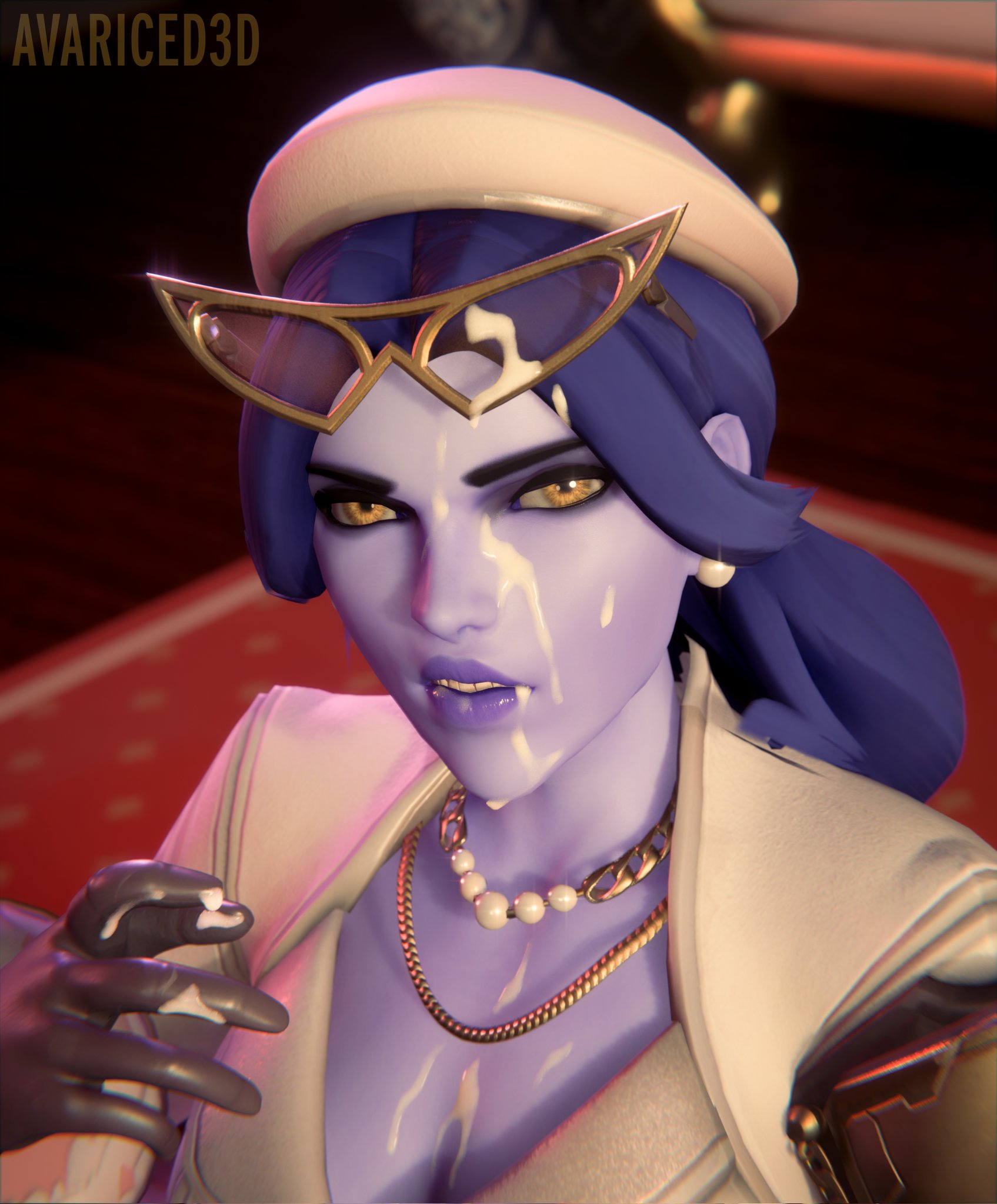 1girls, 3d, after sex, avarice3d, black gloves, blizzard entertainment, clothed, clothing, cum, cum on body, cum on face, cum on gloves, disgusted, female, female only, gloves, leather gloves, overwatch, solo, widowmaker, winter chic widowmaker, yellow eyes